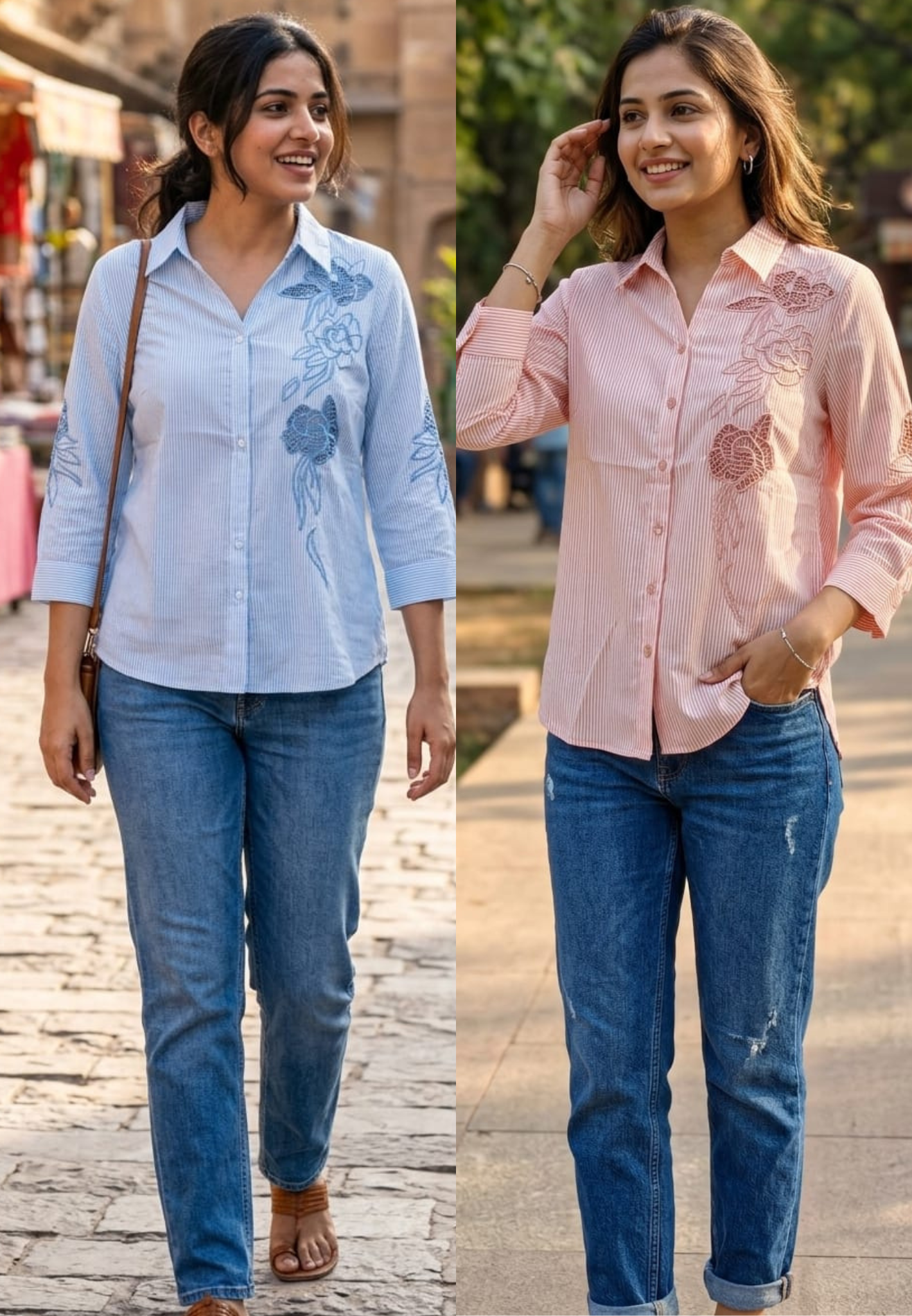 Rose Garden Hand-Embroidered Striped Ensemble Imported Casual Shirt-14425