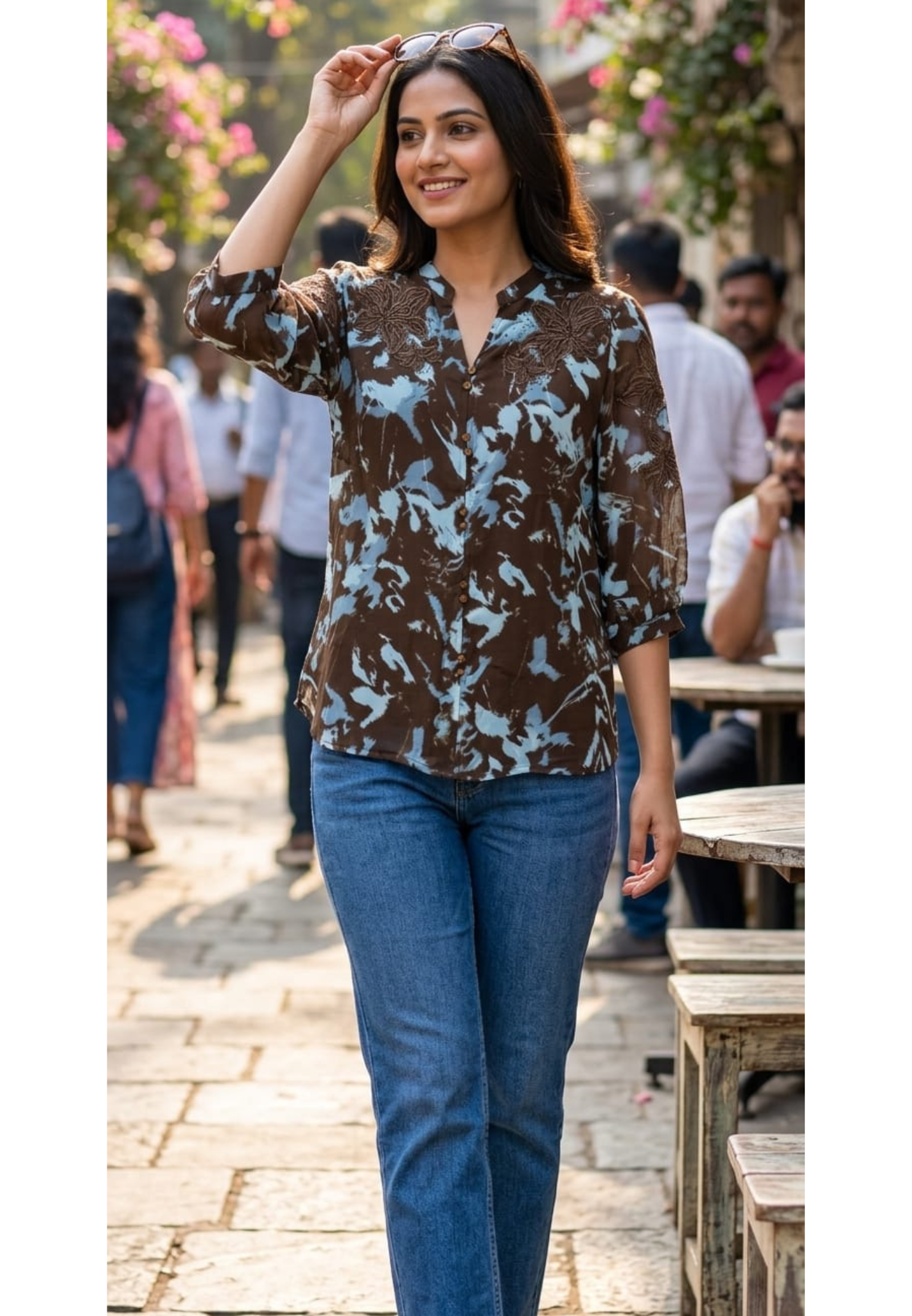 Crafted Botanical Muse Embroidered Neck Marble Print Imported Tunic- 14435,44
