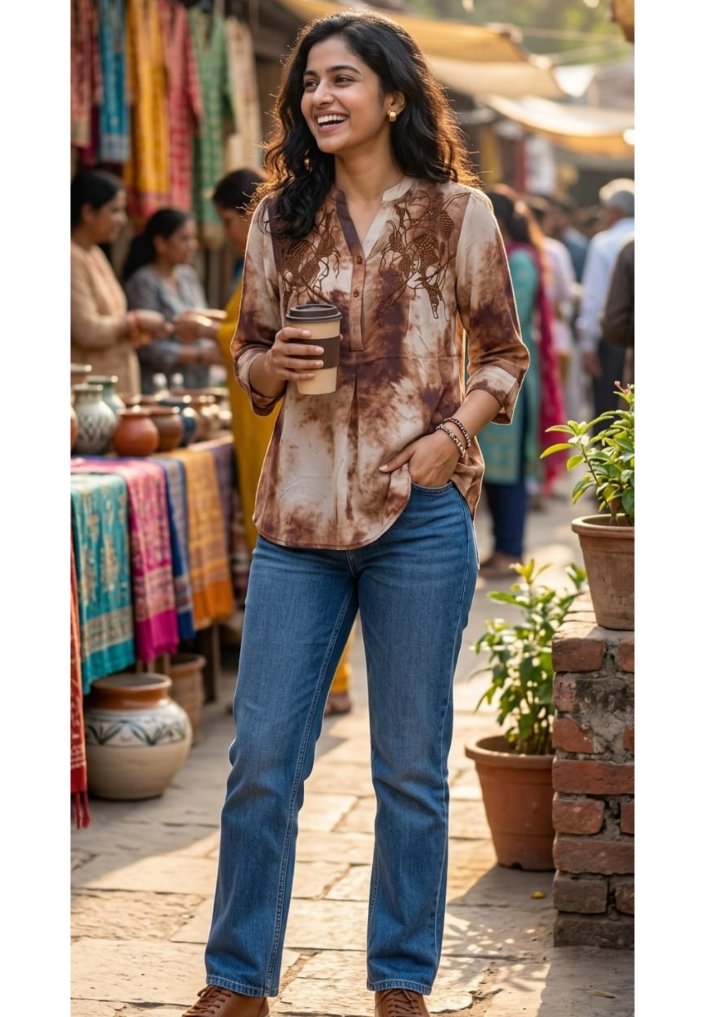 Choco Mocha Sepia Dream Embroidered Marble Print Tunic-14433