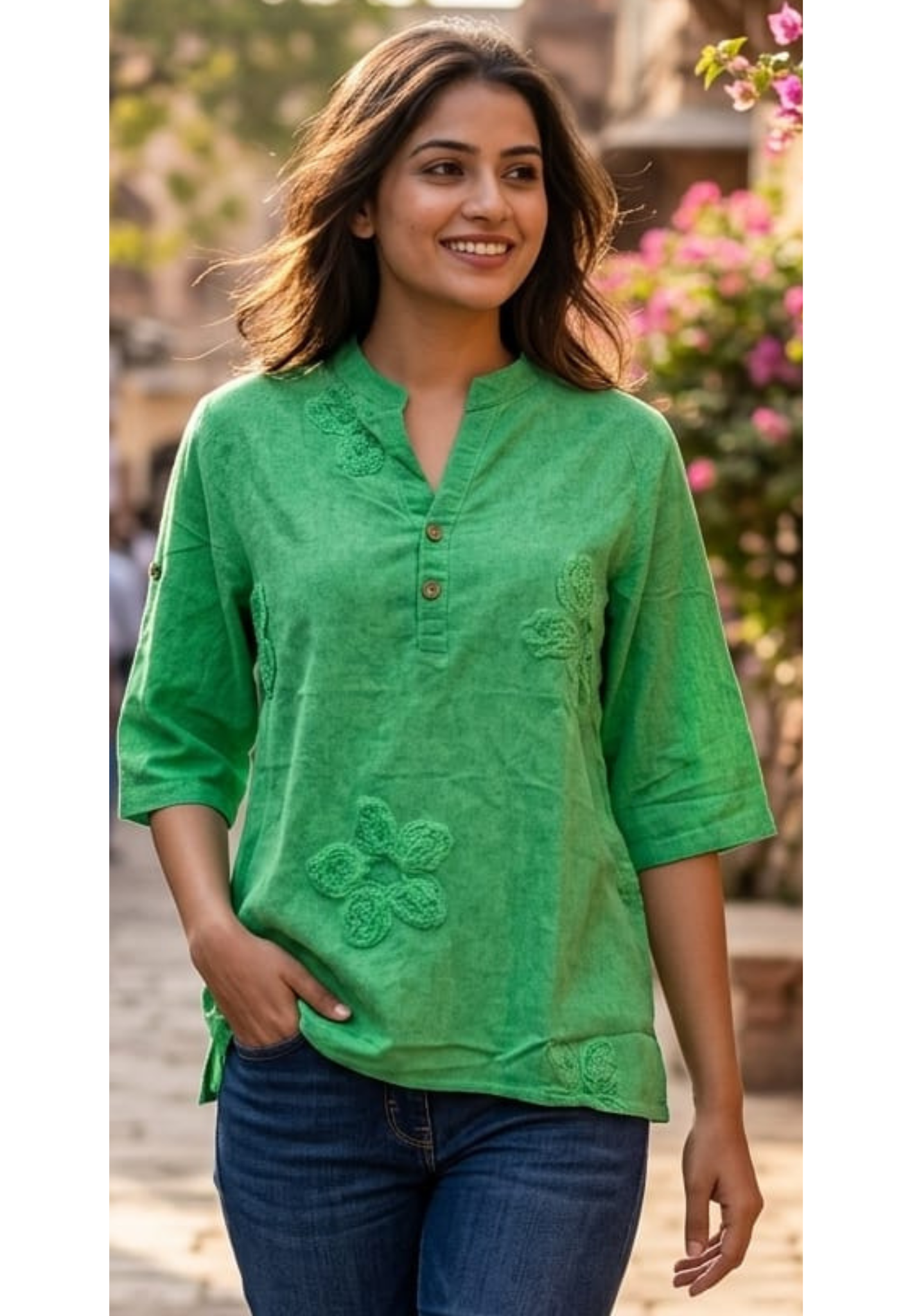 Thread Popped Embroidered Solid Breathable Oversized Casual Top-14432