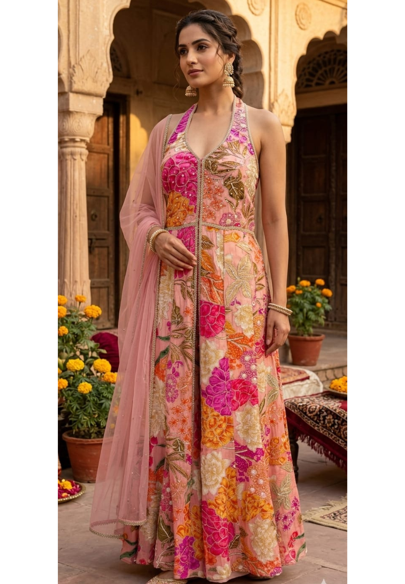 Stunning Festive Floral Halter-Neck Front-Slit Floor-Length Gown with Sheer Dupatta- 14230