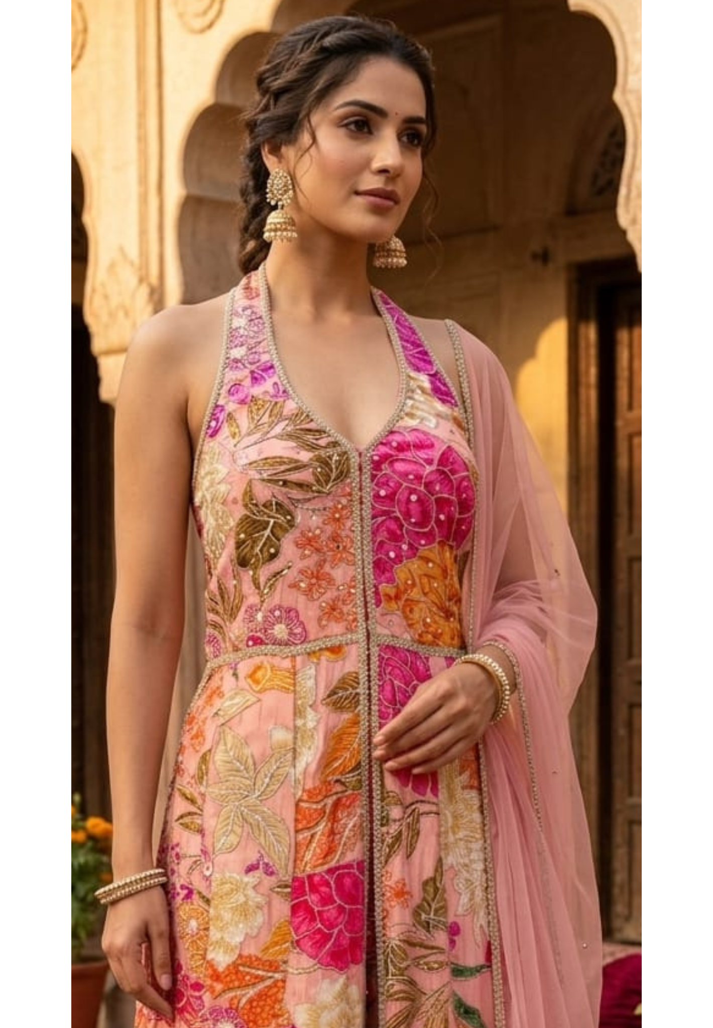 Stunning Festive Floral Halter-Neck Front-Slit Floor-Length Gown with Sheer Dupatta- 14230