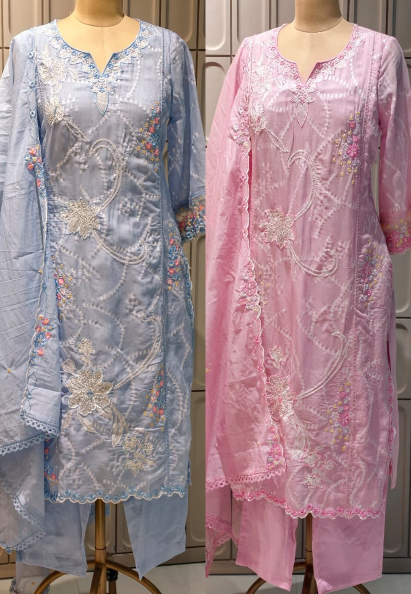 Floral Thread Embroidery With Sequin Detailimg Upwork Surat Mul Chanderi Full Suit Set With Dupatta- 14499 RB297