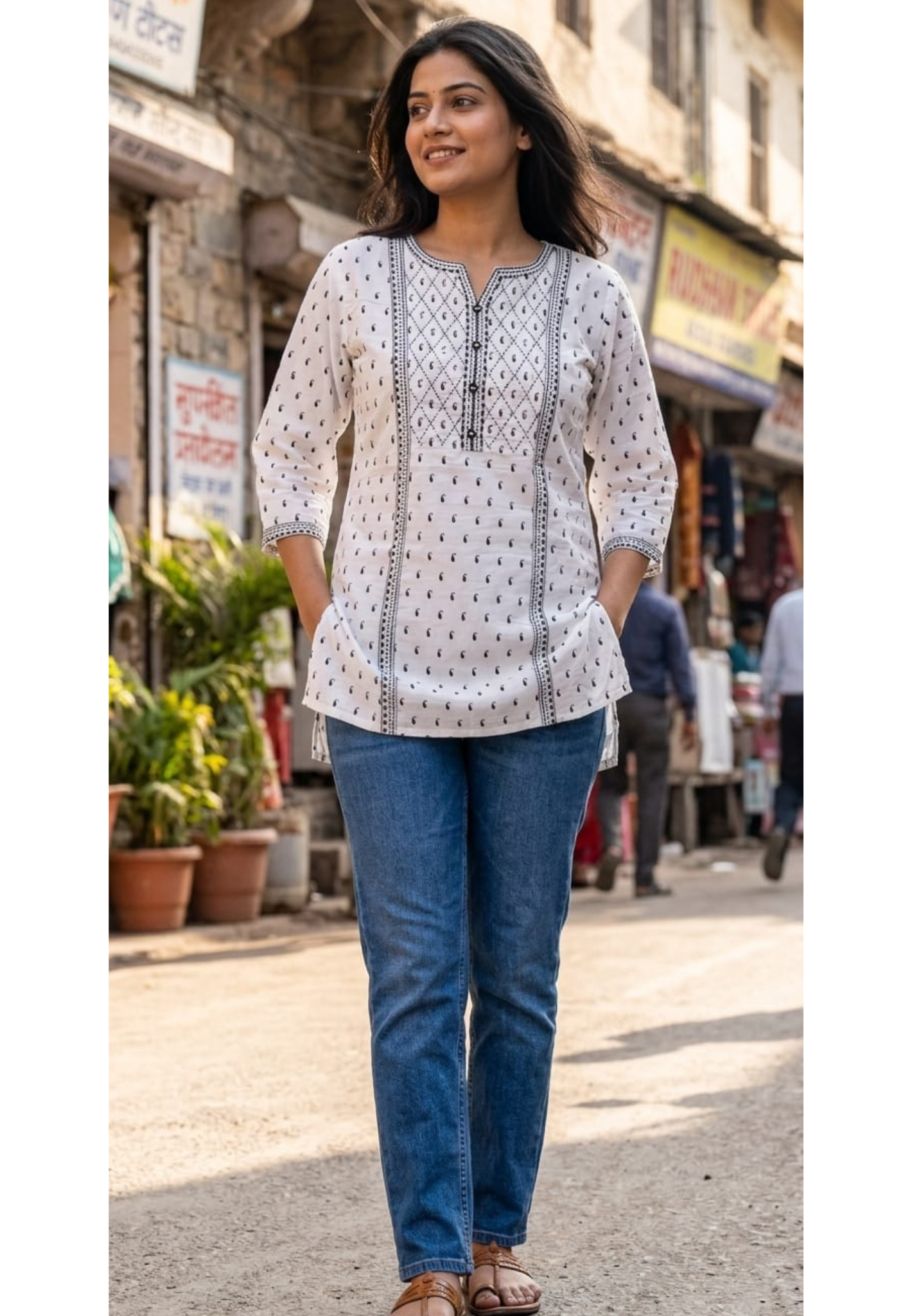 Black & White Inspired Tiny Mango Buti Printed Cotton Short Kurti Only- 14512 RB301