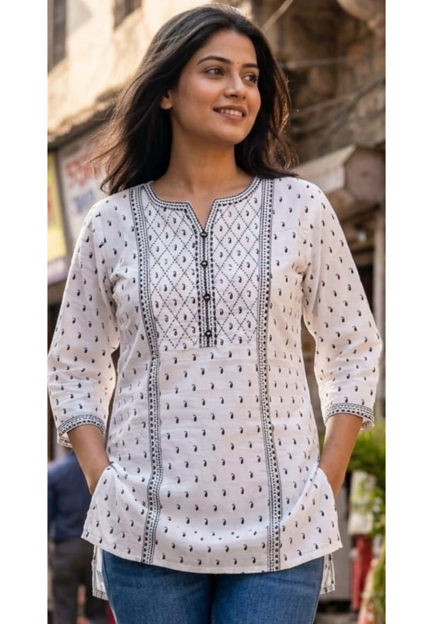 Black & White Inspired Tiny Mango Buti Printed Cotton Short Kurti Only- 14512 RB301