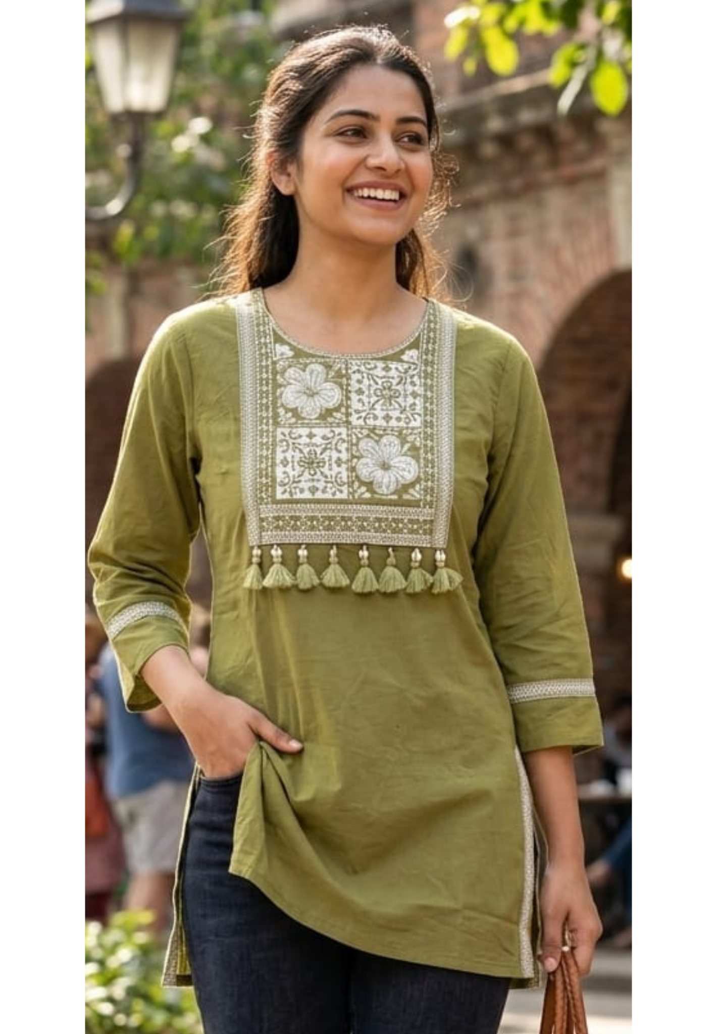 Solid Shade Tassel Accent Embroidered Yoke Cotton Short Kurti Only- 14510 RB302