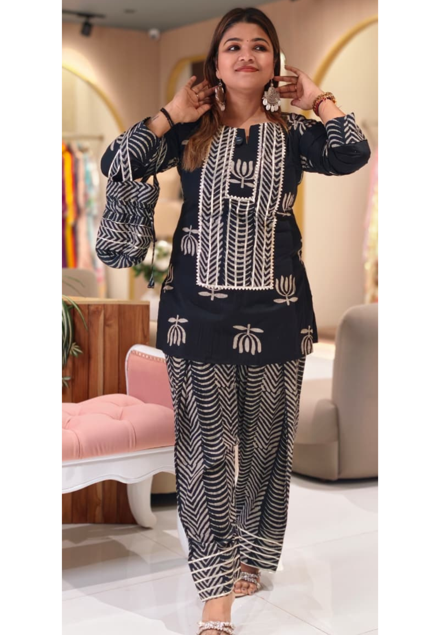 Handblock Lotus Print Striped Stylish Cotton Kurta With Farsi Bottom Set & Separate Potli- 14515 RB311(Dispatching after 10 days)