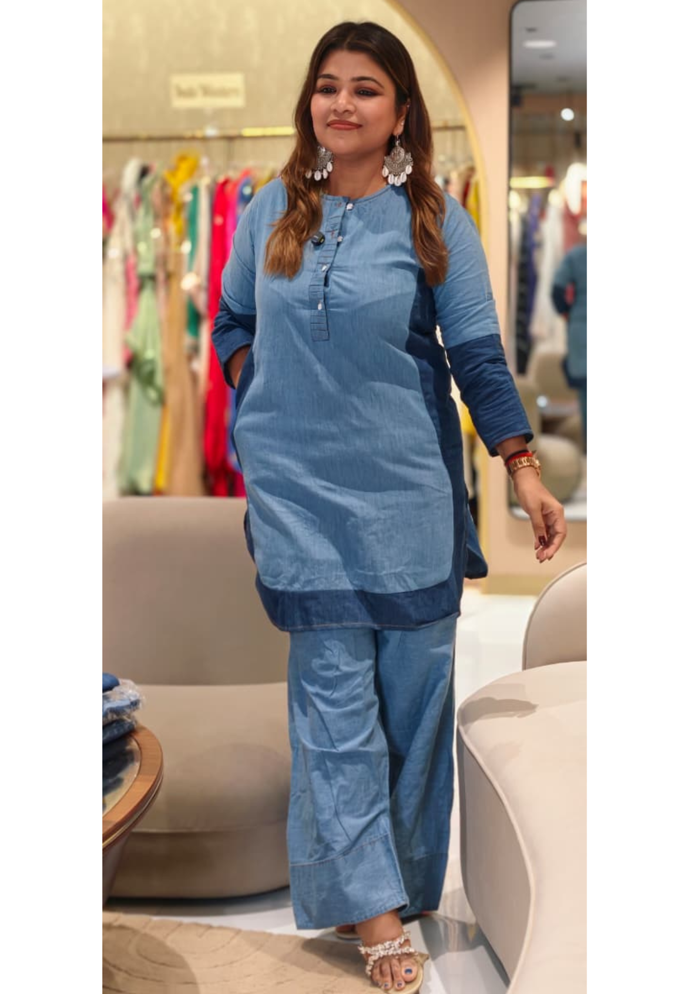 Modern Dual-Tone Denim Farsi Bottom Co-ord Set with Contemporary Buttoned Detailing- 14520 RB314