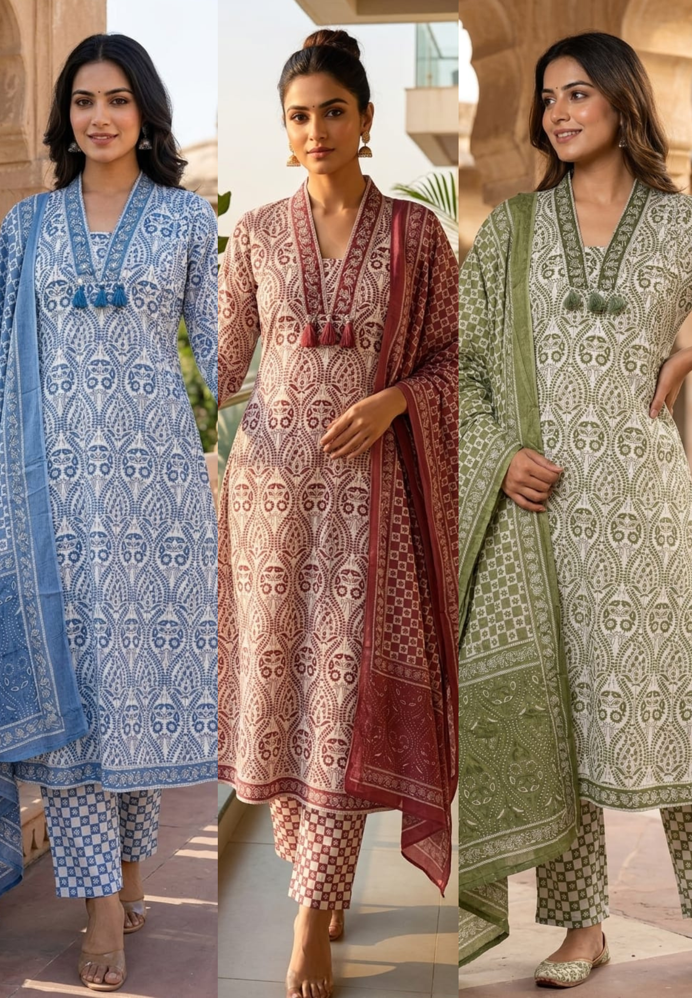 Upside Down Handblock Print V-Neck Tassel Accent A-Line Cotton Full Suit Set With Dupatta- 14301 RB324