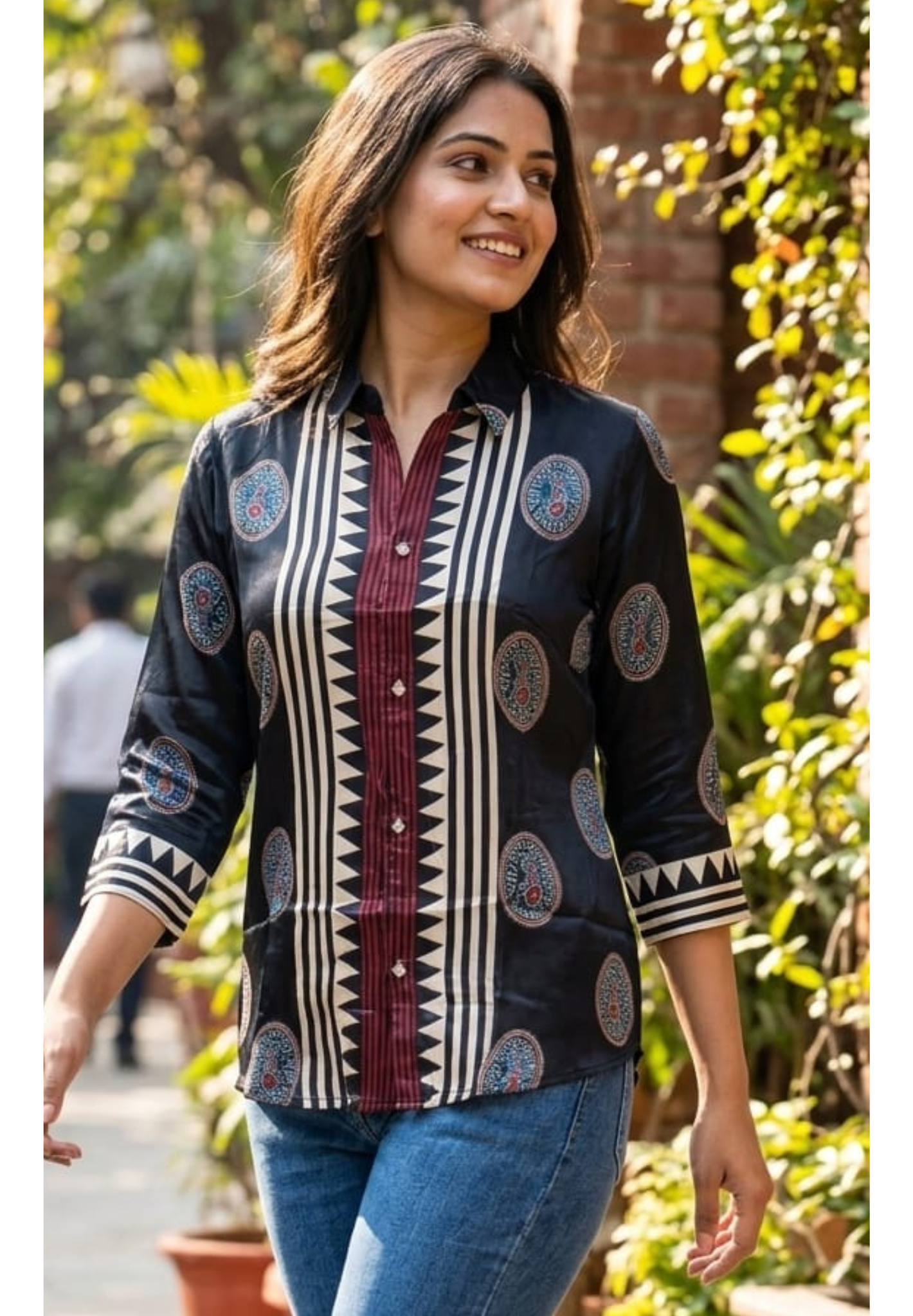 Ethnic Rounded With Zig-Zag Print Lightweight Casual Crepe Shirt- 14563,62 RB373