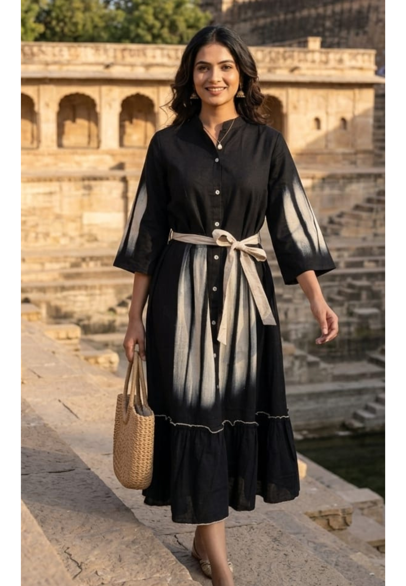 Glamnight Abstract Brushstroke A-Line Frock with Contrast Waist Tie and Ruffled Hemline- 14575 RB397