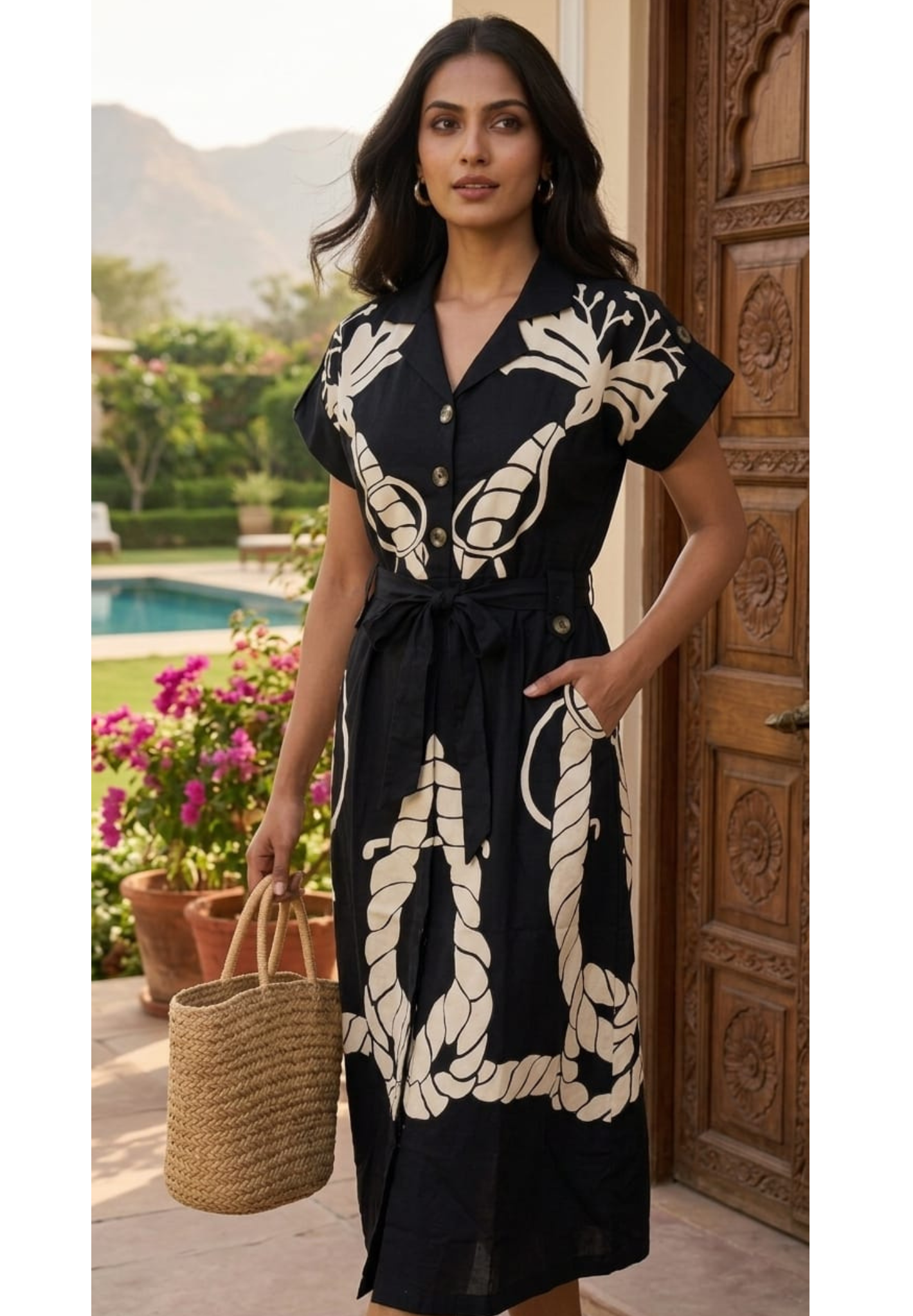Midnight Noir Bold Nautical Patchwork A-Line Ankle Length Frock with Waist Tie- 14576 RB396