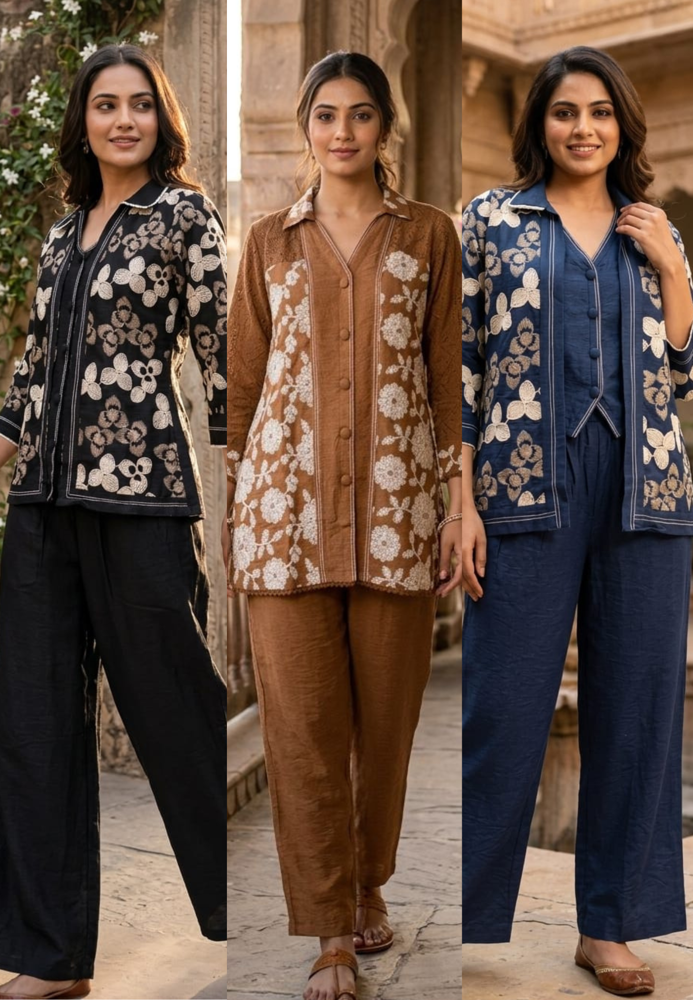 Fine Floral Thread Embroidery Attached Jacket Look Cotton Co-Ord Sets- 14601 RB361