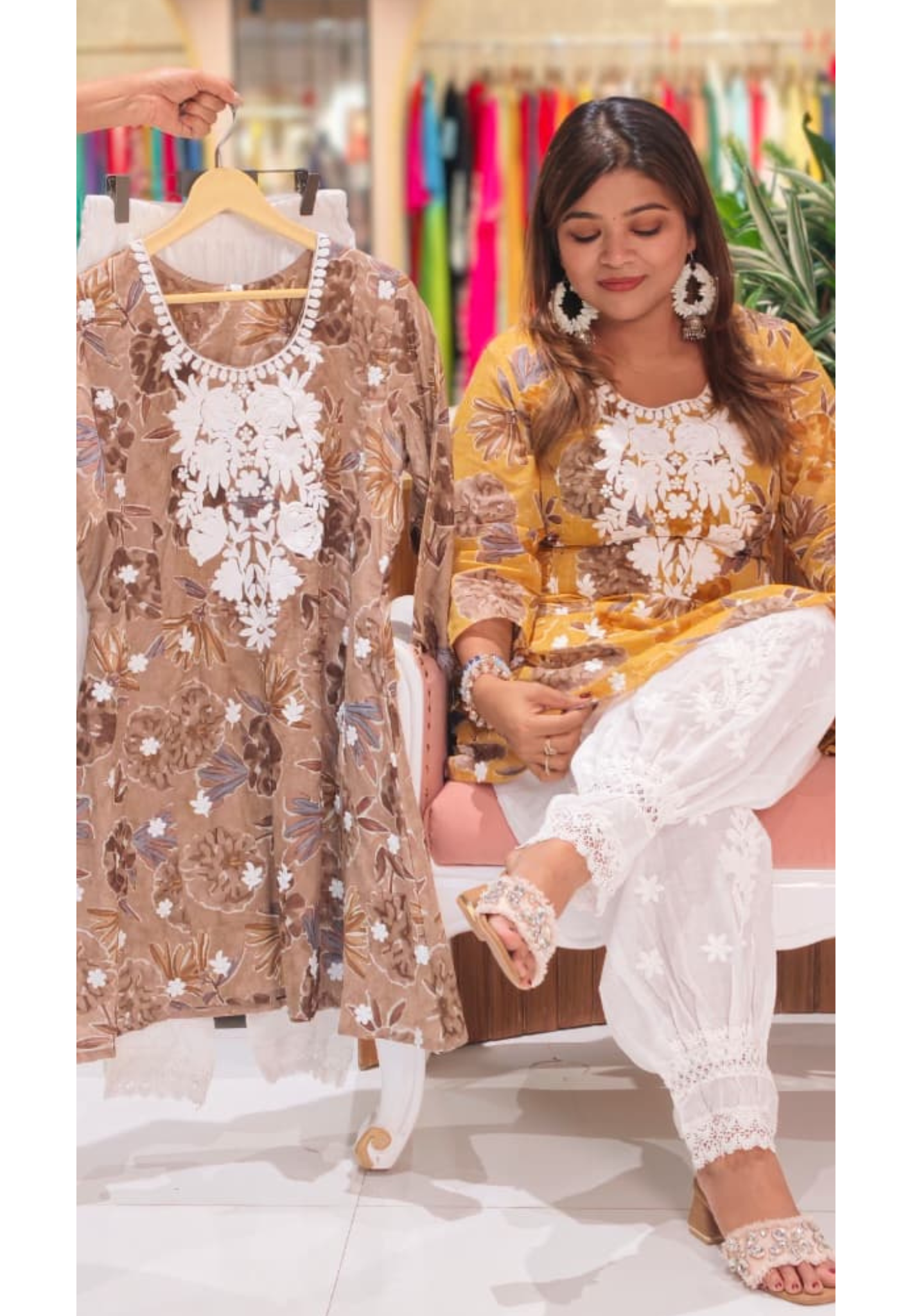 Ornate White Lace Embroidery Yoke Ochre Floral Print Cotton Kurta With Ballon Pant Set- 14584 RB371