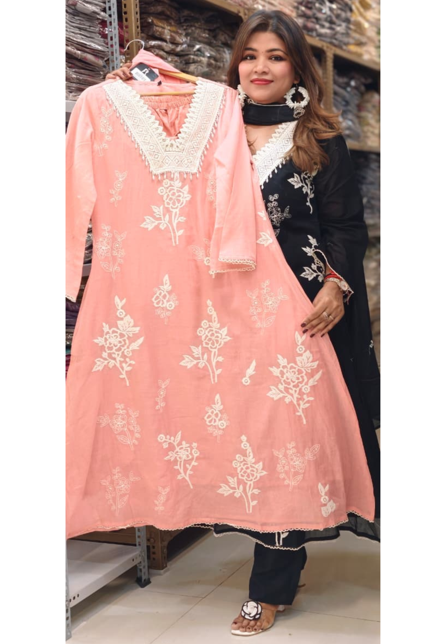 Crosia Pearl Tasseled Neckline Fine Floral Embroidery A-Line Mul Cotton Full Suit Set With Dupatta- 14733 (Loose Fit) RB391