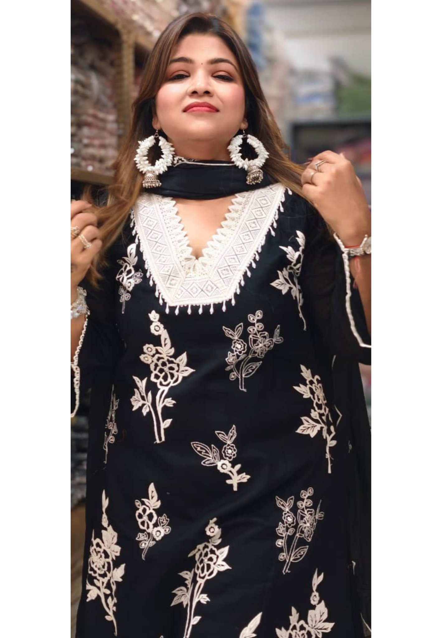 Crosia Pearl Tasseled Neckline Fine Floral Embroidery A-Line Mul Cotton Full Suit Set With Dupatta- 14733 (Loose Fit) RB391