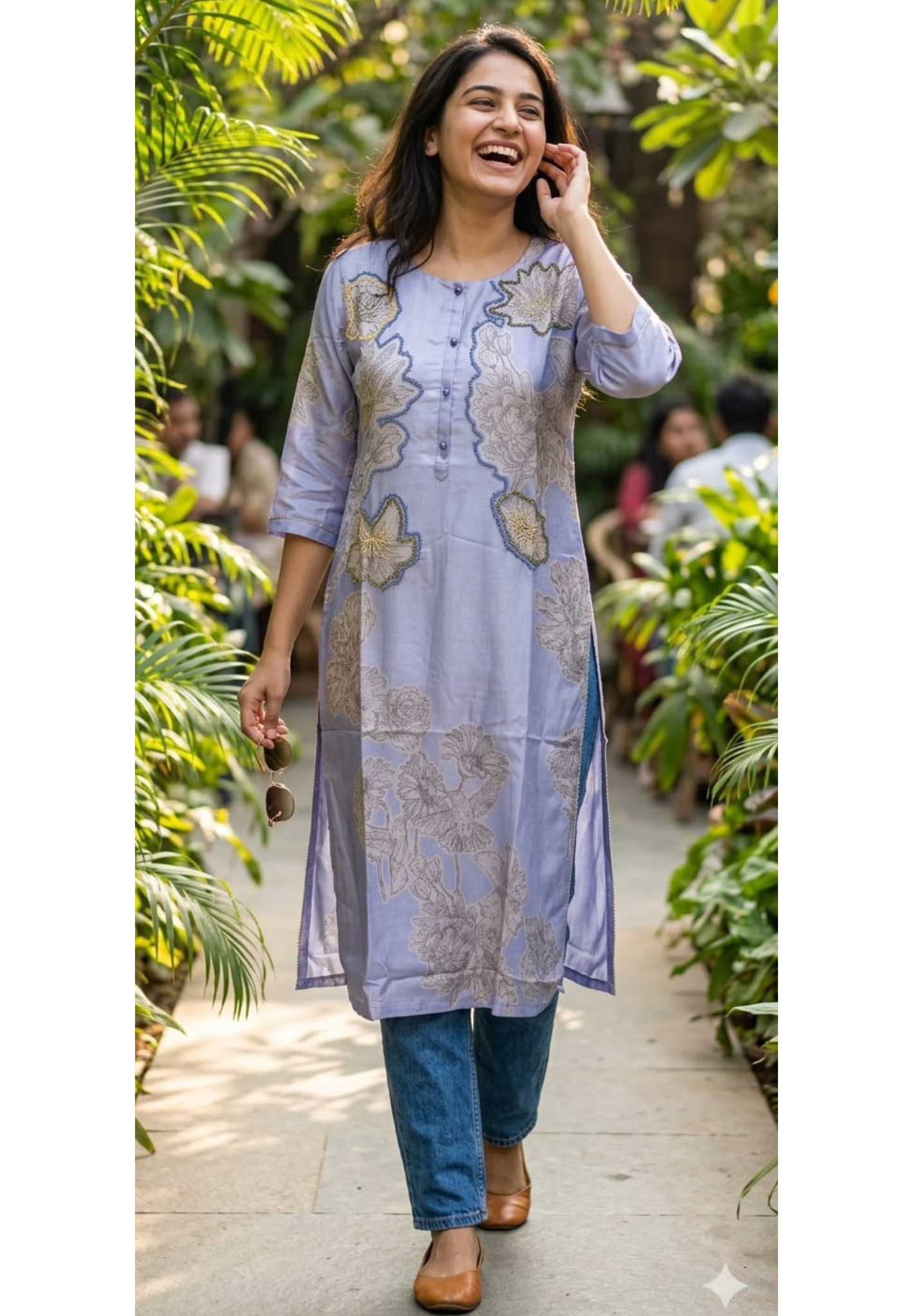 Aqua Bloom Digital Print Shimmer Glitter Highlights Russian Silk Kurti Only- 14703 RB382