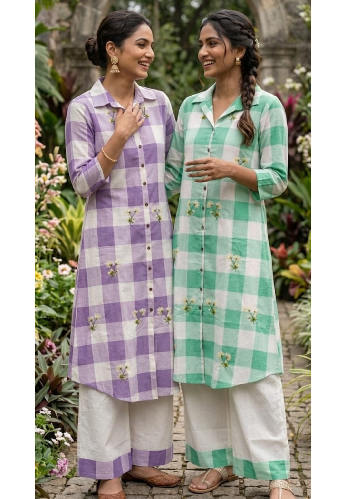 Checks Boxed Print With Cool Floral Embroidery Cotton Kurta Pant Set- 14653 RB404