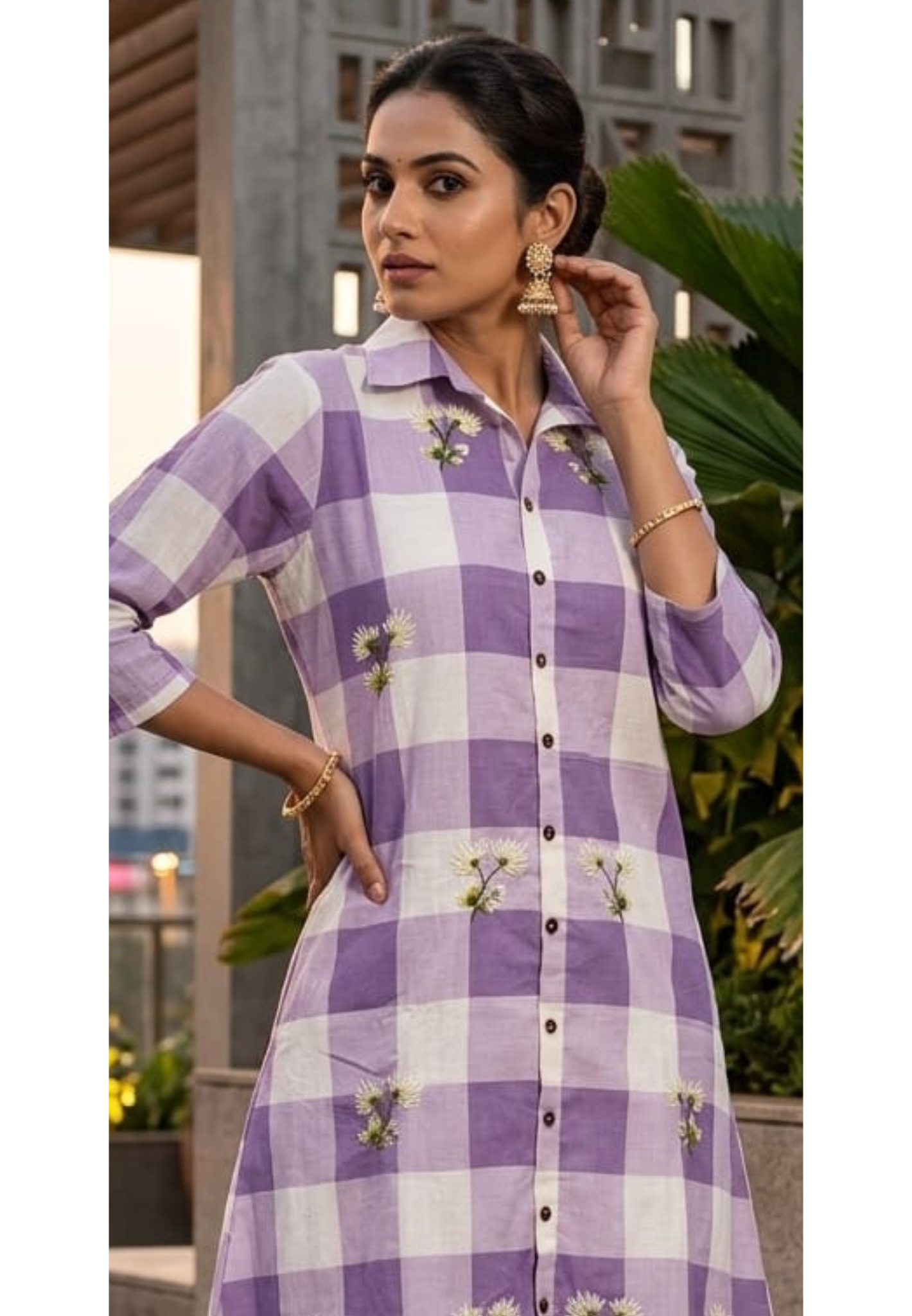 Checks Boxed Print With Cool Floral Embroidery Cotton Kurta Pant Set- 14653 RB404