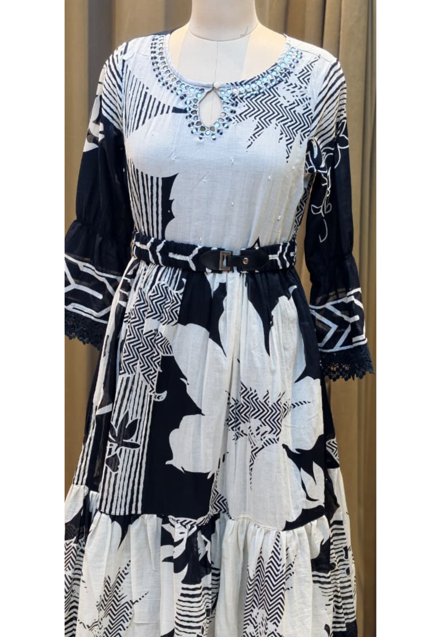 Mul Cotton Black & White Mirror With Cut-Dana Neck Line Printed Layered Ankle Length Frock With Belt- 14795 RB408