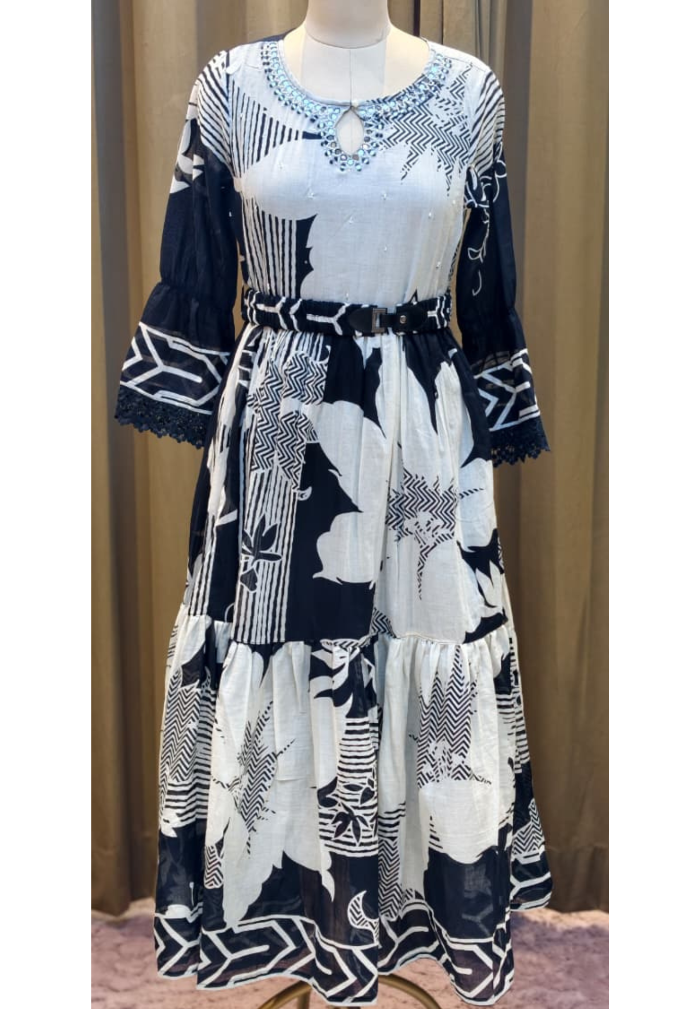 Mul Cotton Black & White Mirror With Cut-Dana Neck Line Printed Layered Ankle Length Frock With Belt- 14795 RB408
