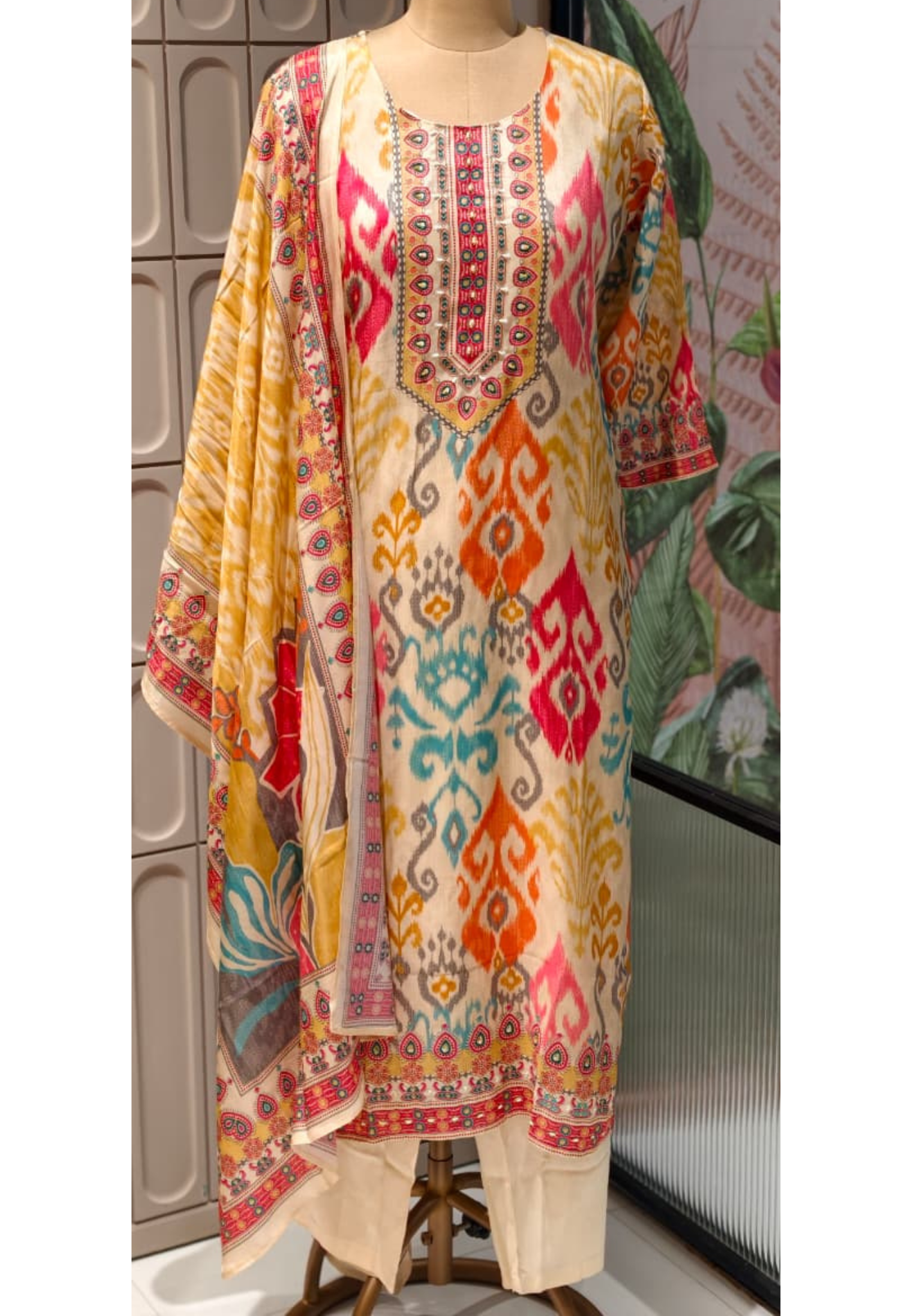 Multicolor Ikkat Inspired Motif Minimal Neck Embroidery Full Suit Set With Dupatta- 14724 RB423