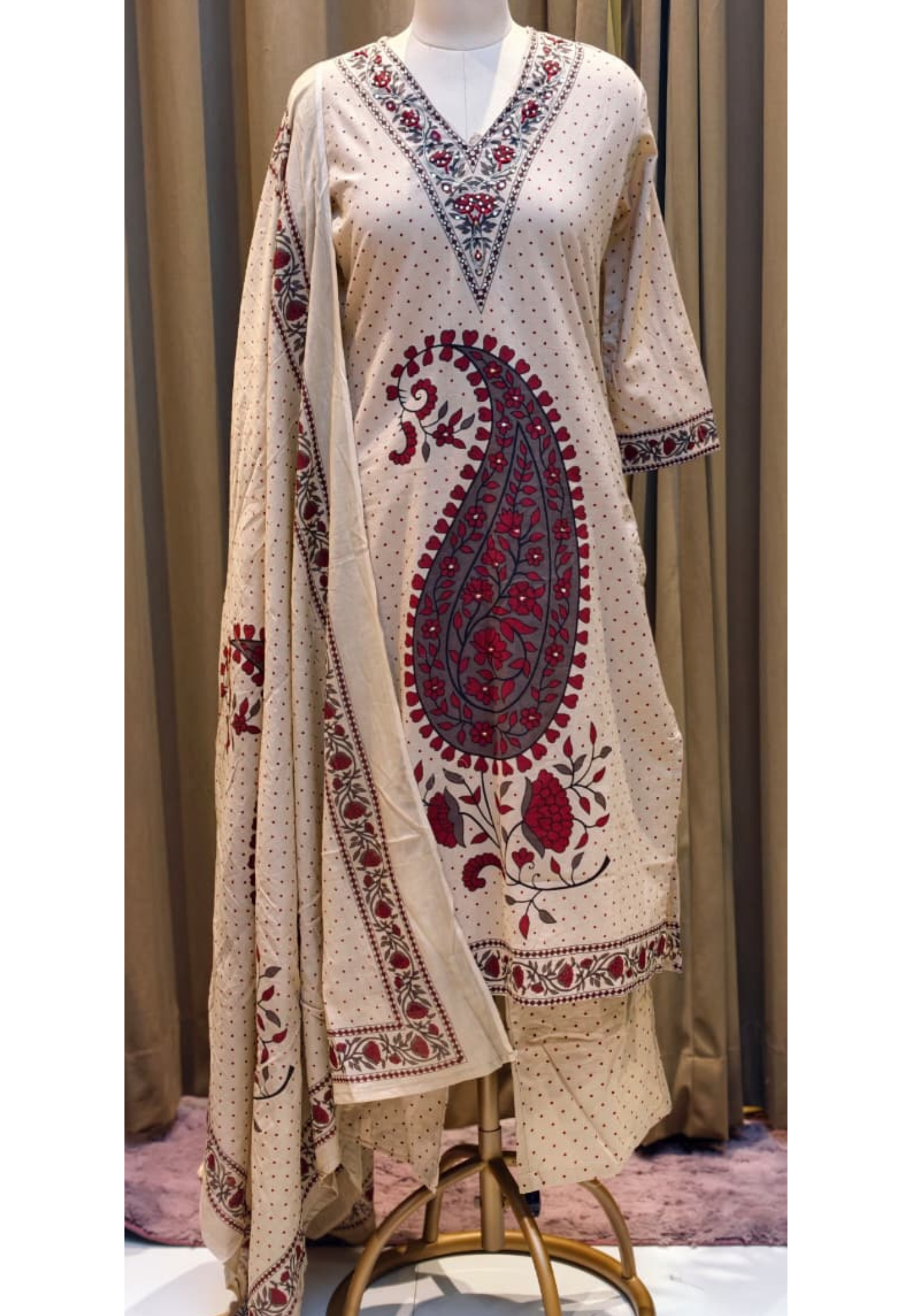 Giant Mango Buti Inspired Print With Sequin Touch Cotton Full Suit Set With Dupatta- 14798 RB417