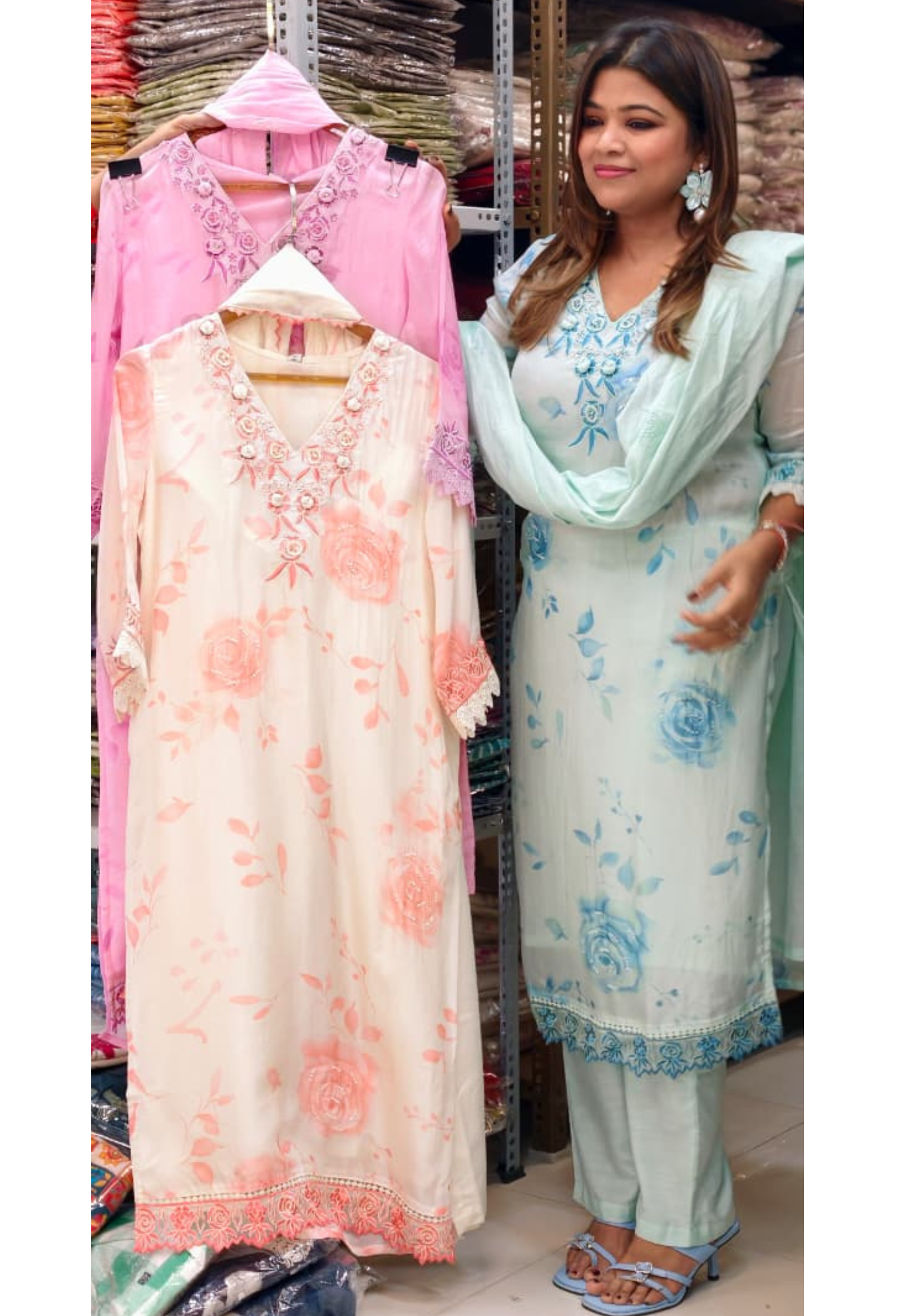 Floral Popped Embroidered Neckline Rosy Petal Printed Full Suit Set WIth Dupatta In HO Silk Fabric- 14791 RB420