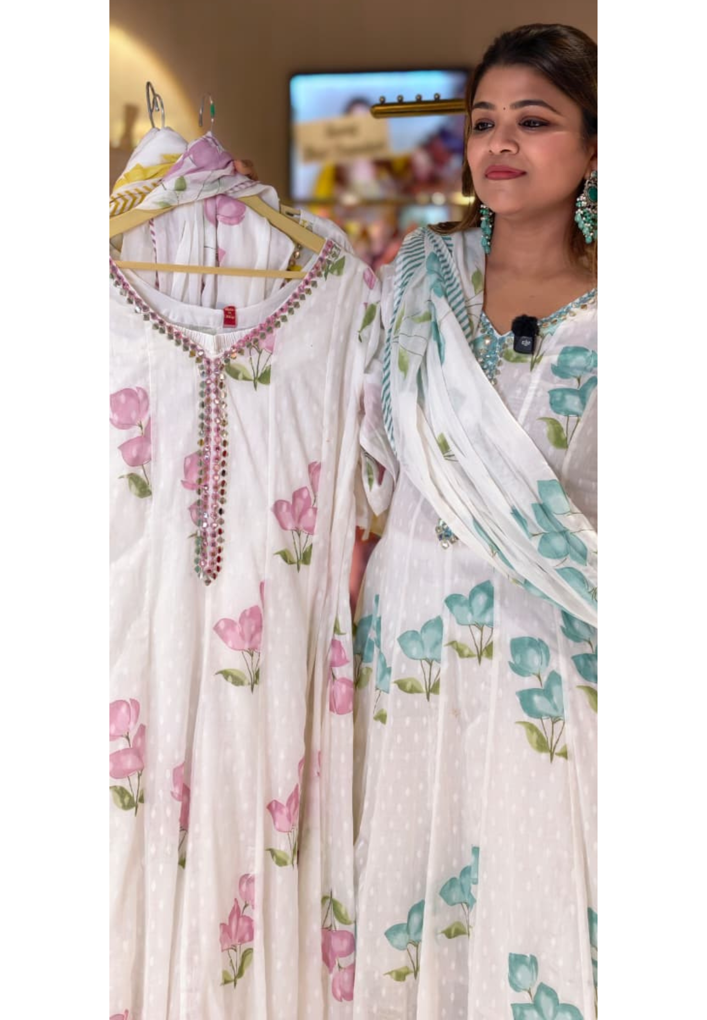 Panel Cut Foil Mirror Neckline Floral Printed Mul Cotton Anarkali Full Suit Set With Dupatta- 14804 RB460