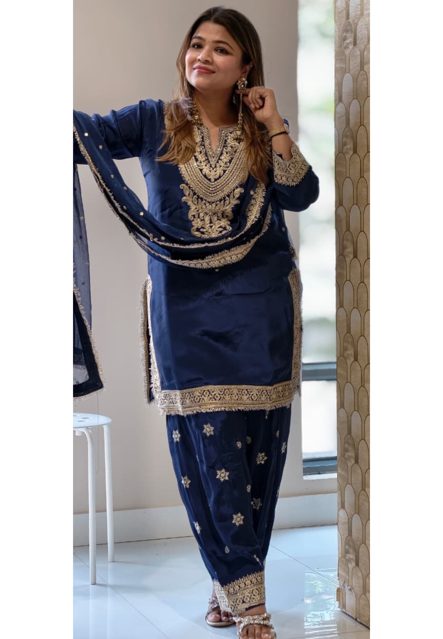 Pure Zardosi Golden Intricate Embroidered Heavy Crepe Full Suit Set With Work & Lace Dupatta- 13951 RB457