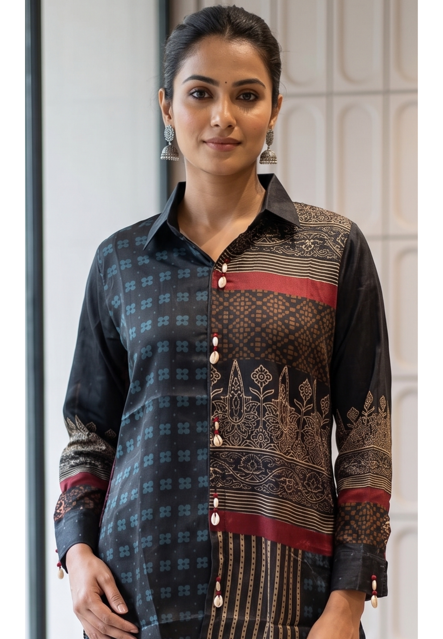 Heritage Block-Print Fusion Shirt In Jet Black, Gold & Crimson- 14837 RB474