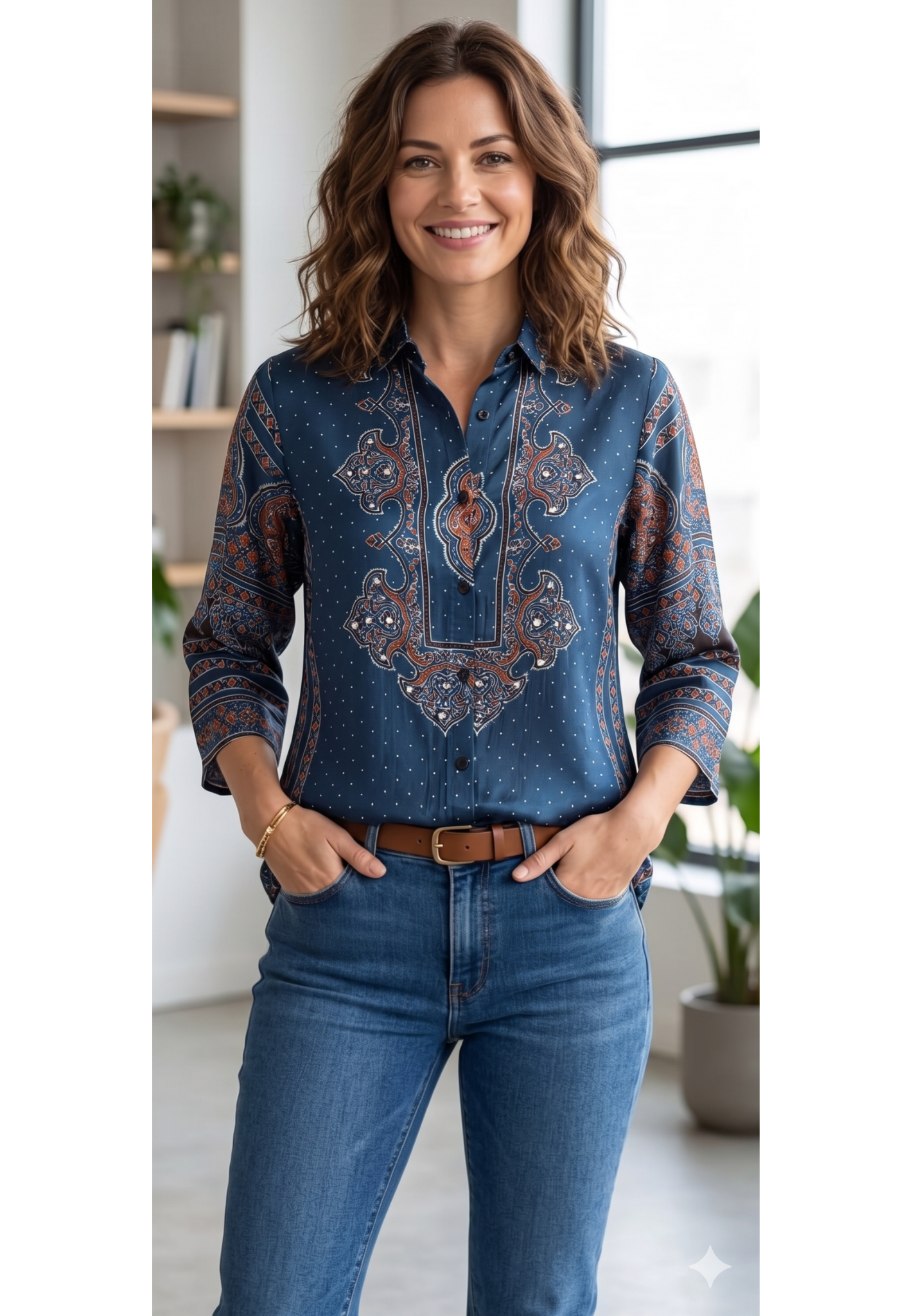 Aura Indigo Ajrakh-Inspired Printed Crepe Shirt- 14838 RB472