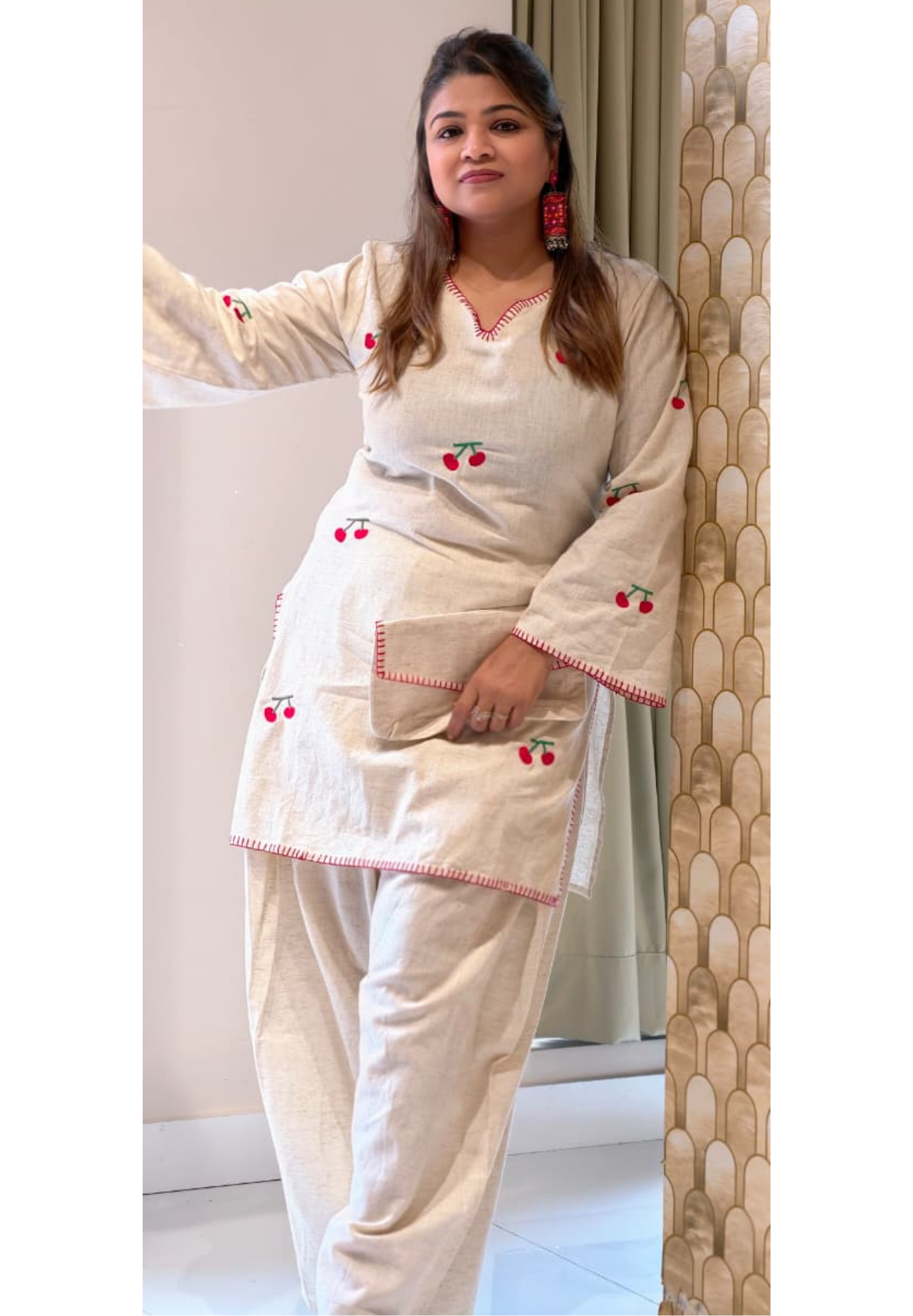 Cute Cherry Embroidered Flex Cotton Co-Ord Set With Farsi Bottom & Pouch- 14850 RB491