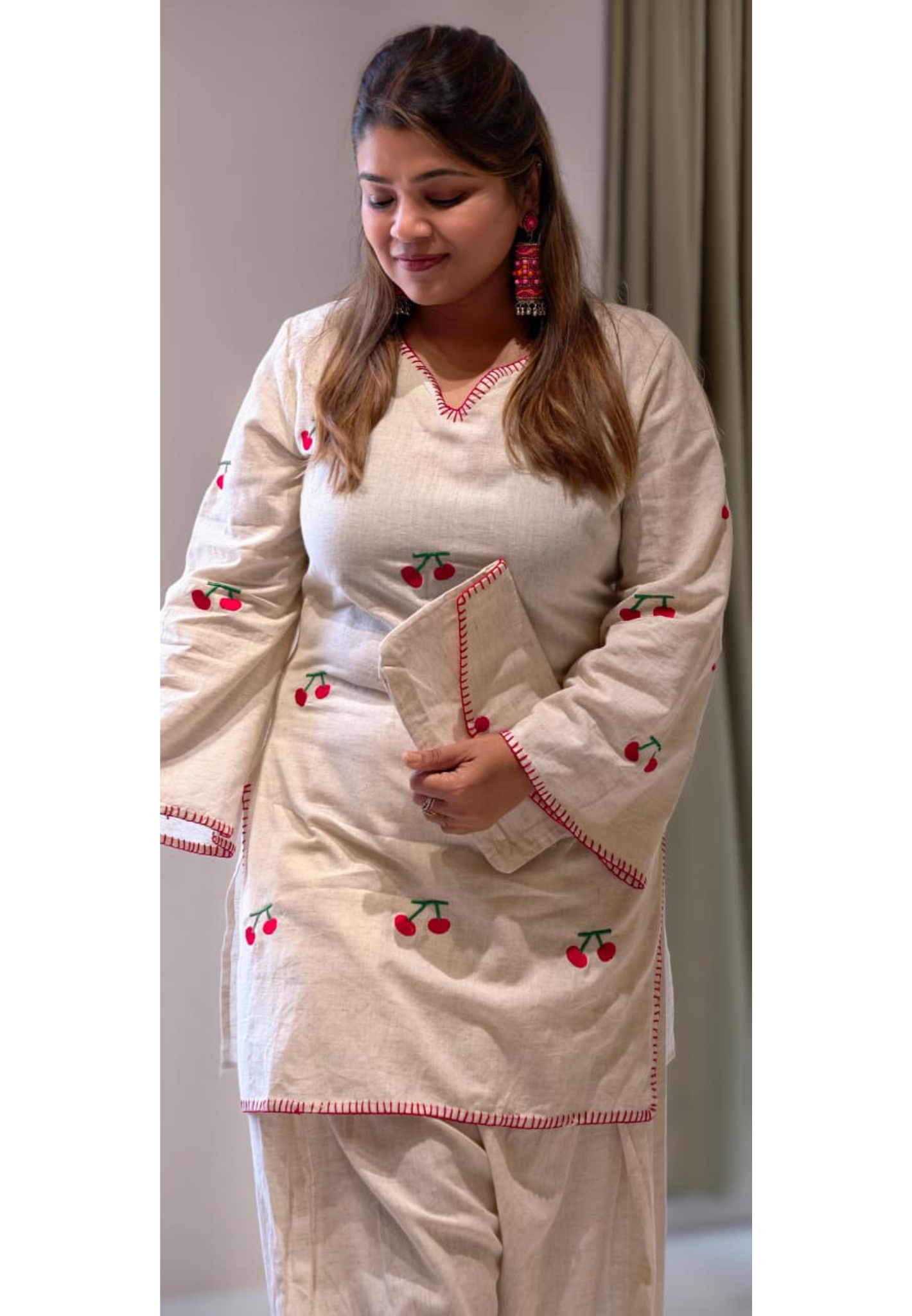 Cute Cherry Embroidered Flex Cotton Co-Ord Set With Farsi Bottom & Pouch- 14850 RB491