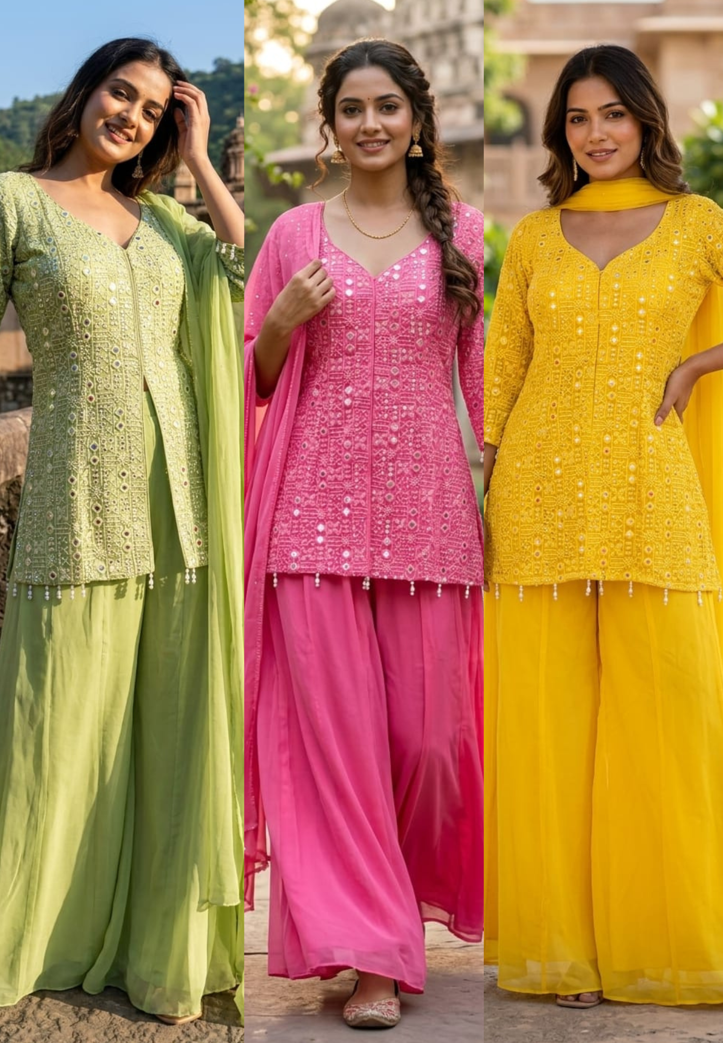 Premium Faux Georgette Royal Noor Chikankari Mirror-Work Slitted Peplum Kurta With Panel Palazzo Bottom & Dupatta Set -14844