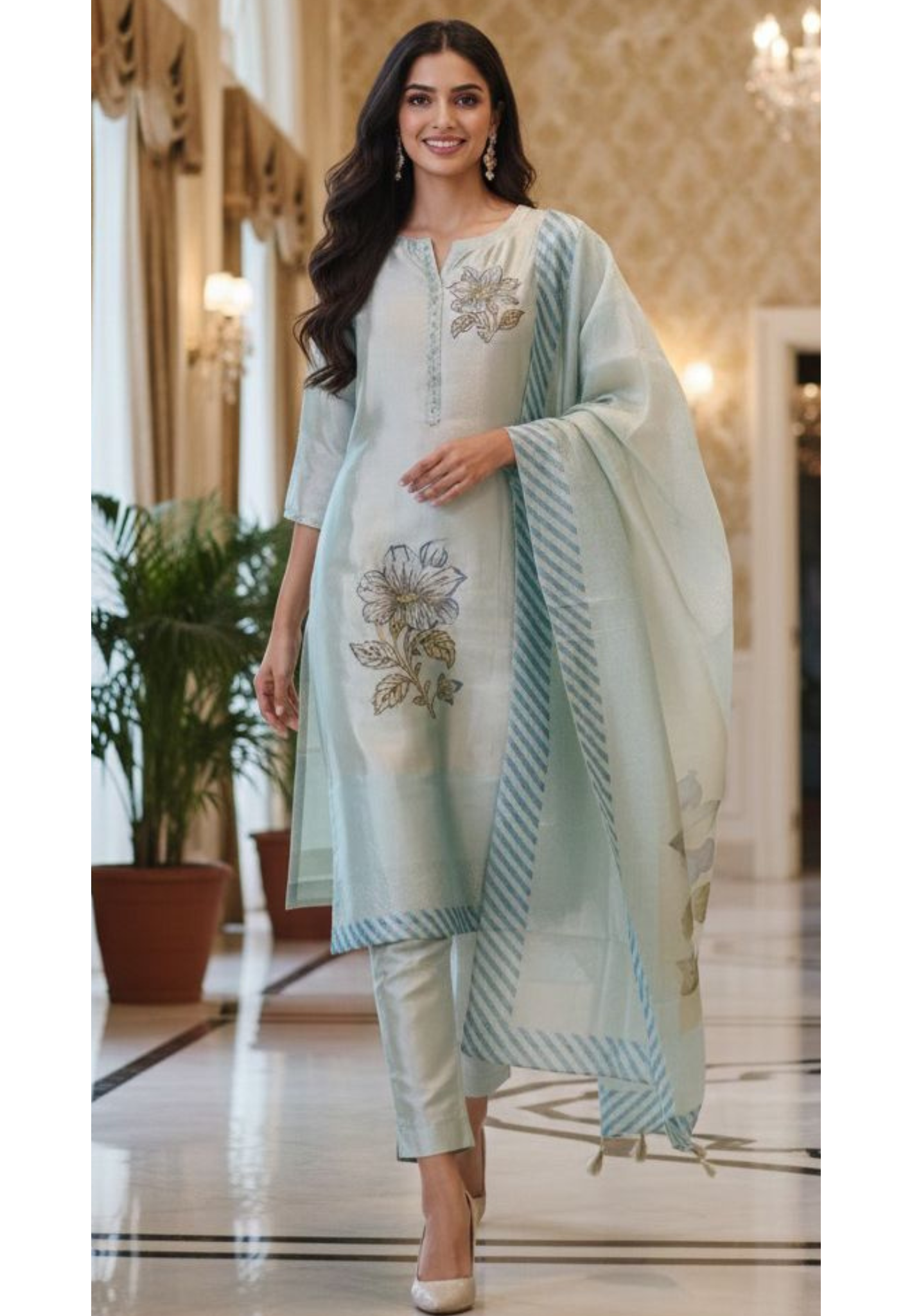 Sea Elegance Jandani Foloral Tissue Full Suit Set With Dupatta- 12870