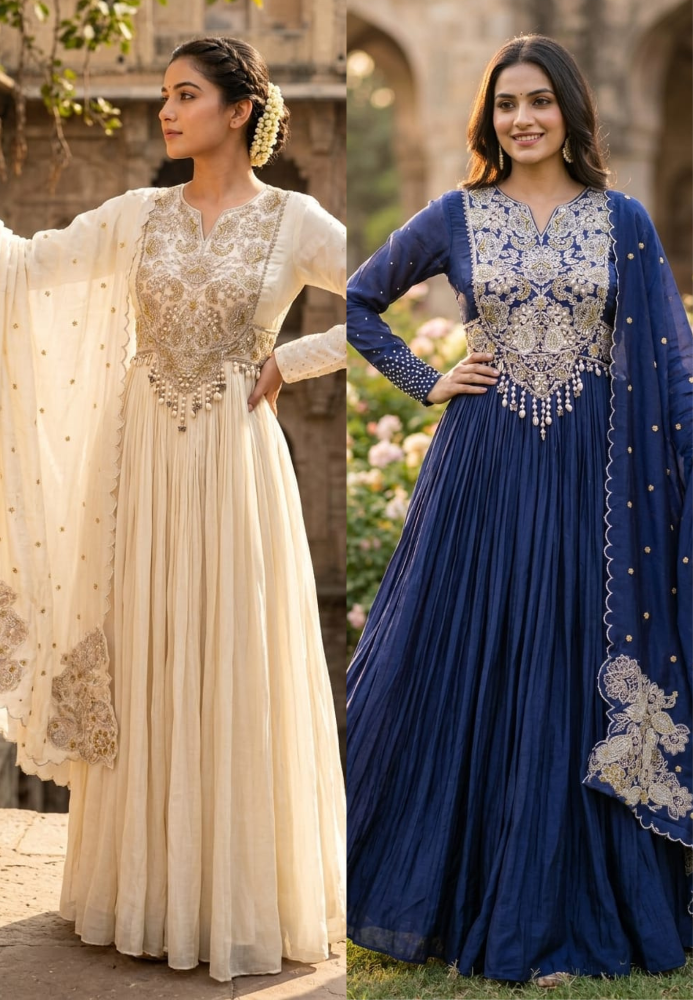 Georgette Pleated Anarkali Gown with Heavy Zardozi Hand-Embroidery, Pearl Tassel Detailing, and Scalloped Organza Dupatta Set- 14328