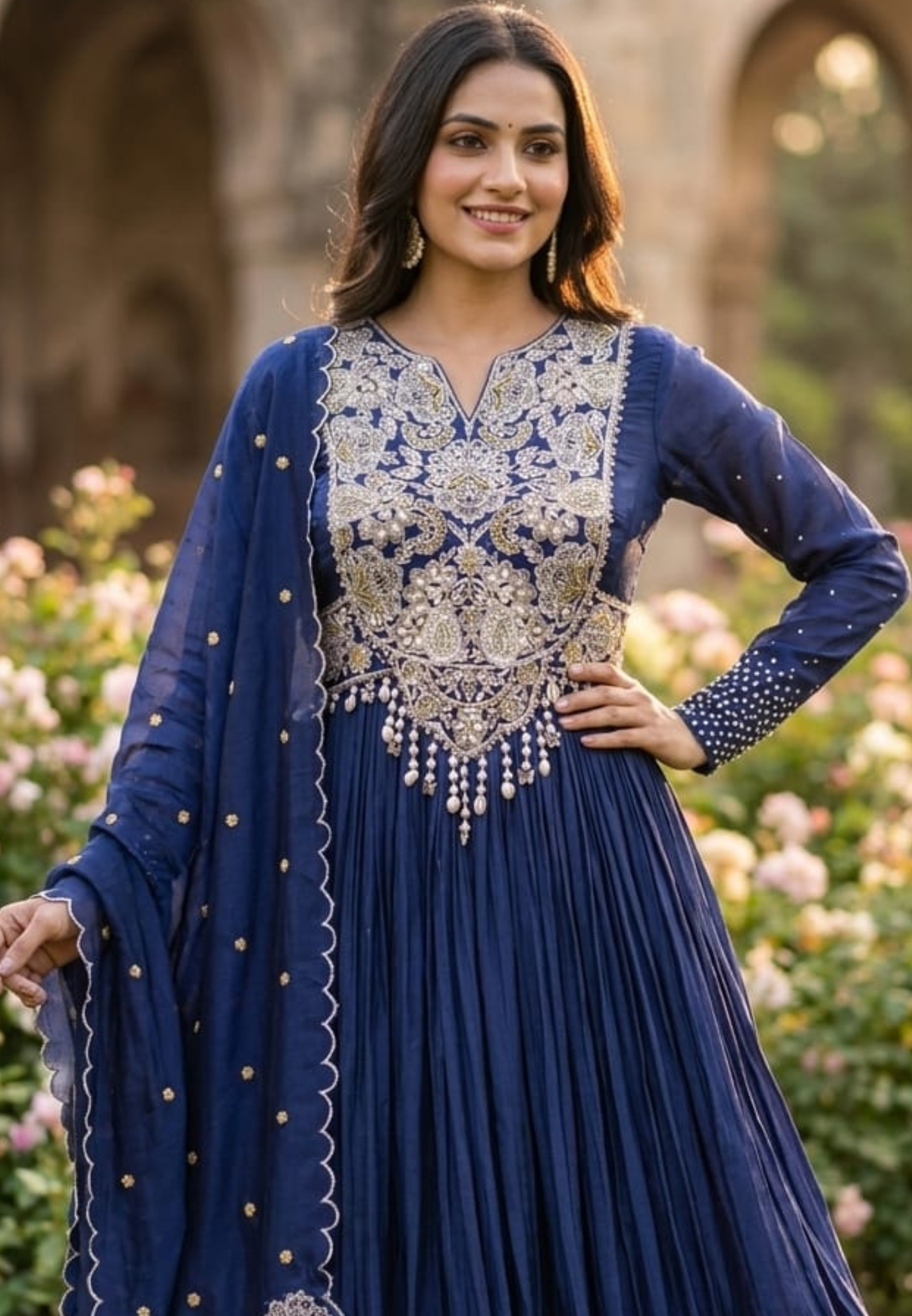Georgette Pleated Anarkali Gown with Heavy Zardozi Hand-Embroidery, Pearl Tassel Detailing, and Scalloped Organza Dupatta Set- 14328