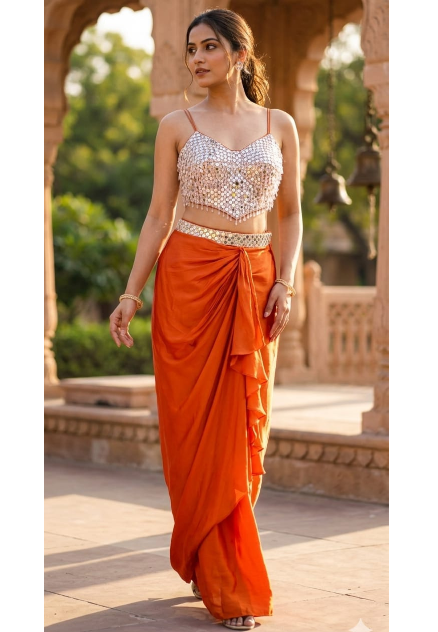 Burnt Orange Pre-Draped Satin-Crepe Dhoti Skirt with Ruffle Detailing paired with a Heavily Embellished Silver Mirror-Work Camisole Crop Top- 14229
