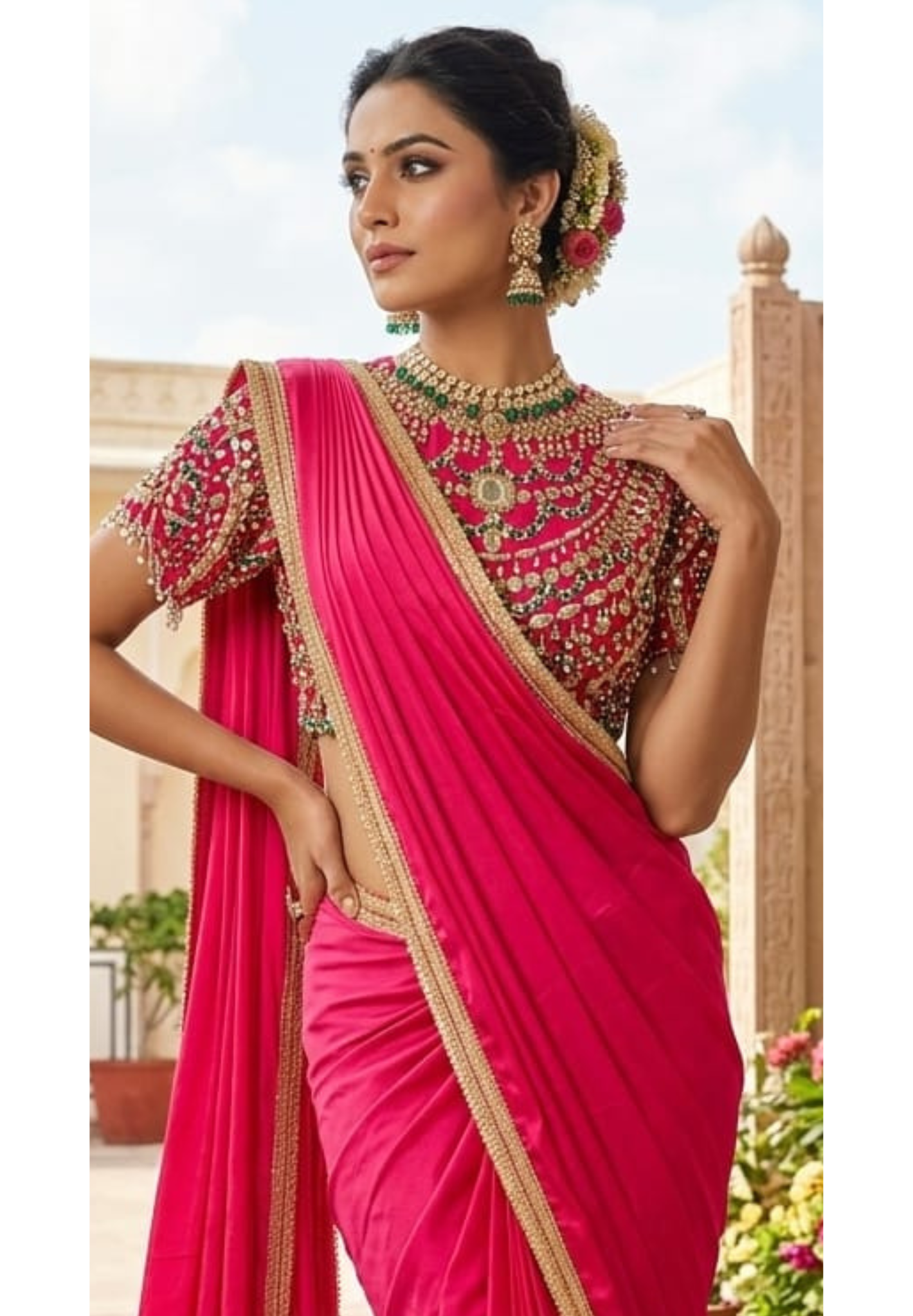 Rani Pink Pre-Draped Saree with Fine Gold Gotta Border Paired with Luxury Hand-Embroidered Jeweled Blouse Featuring Emerald & Polki Motifs- 14777