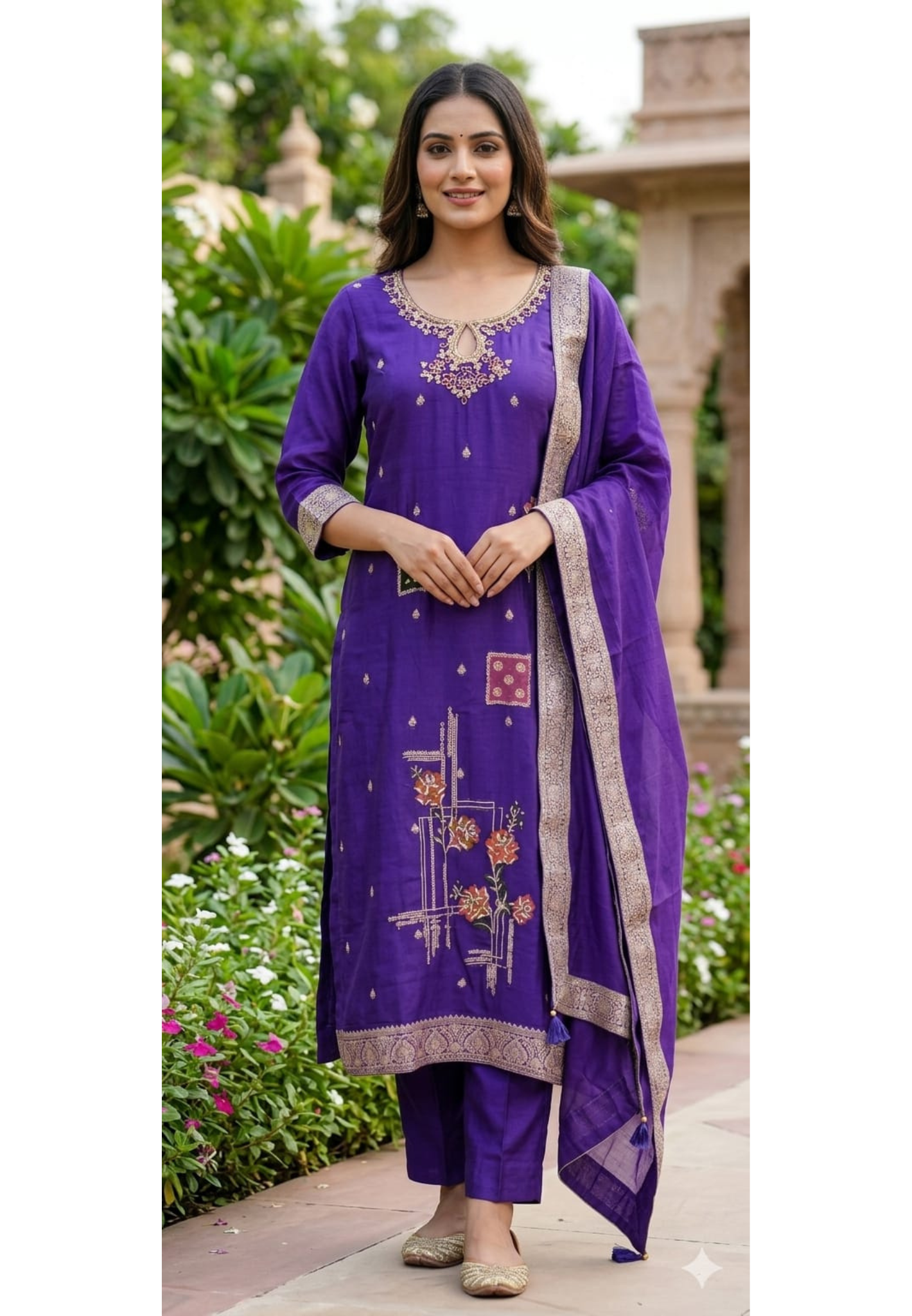 Detailed Floral Yoke Embroidery Lavender Purple Geometric Print Russian Silk Full Suit Set
