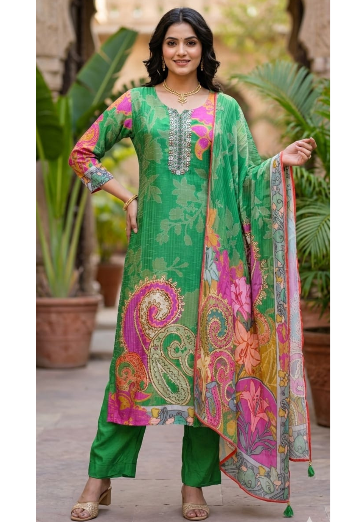 Ivory Zardosi Neckline Floral Elegance Russian Silk Full Suit Set With Dupatta-LEAN FIT(ADVISIBLE NEXT SIZE)
