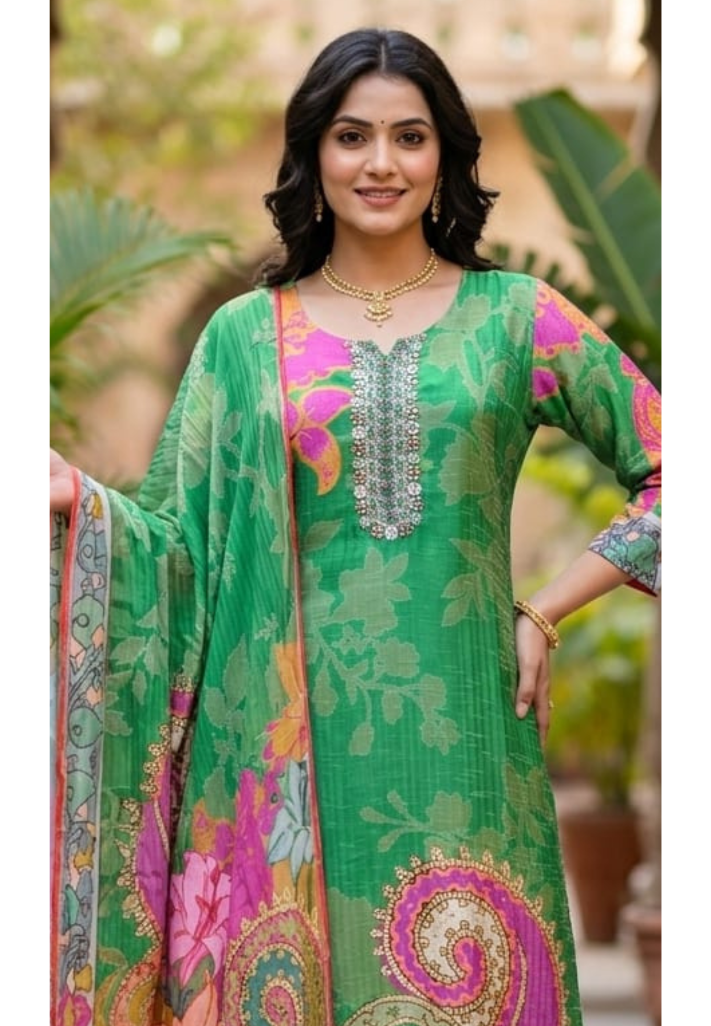 Ivory Zardosi Neckline Floral Elegance Russian Silk Full Suit Set With Dupatta-LEAN FIT(ADVISIBLE NEXT SIZE)