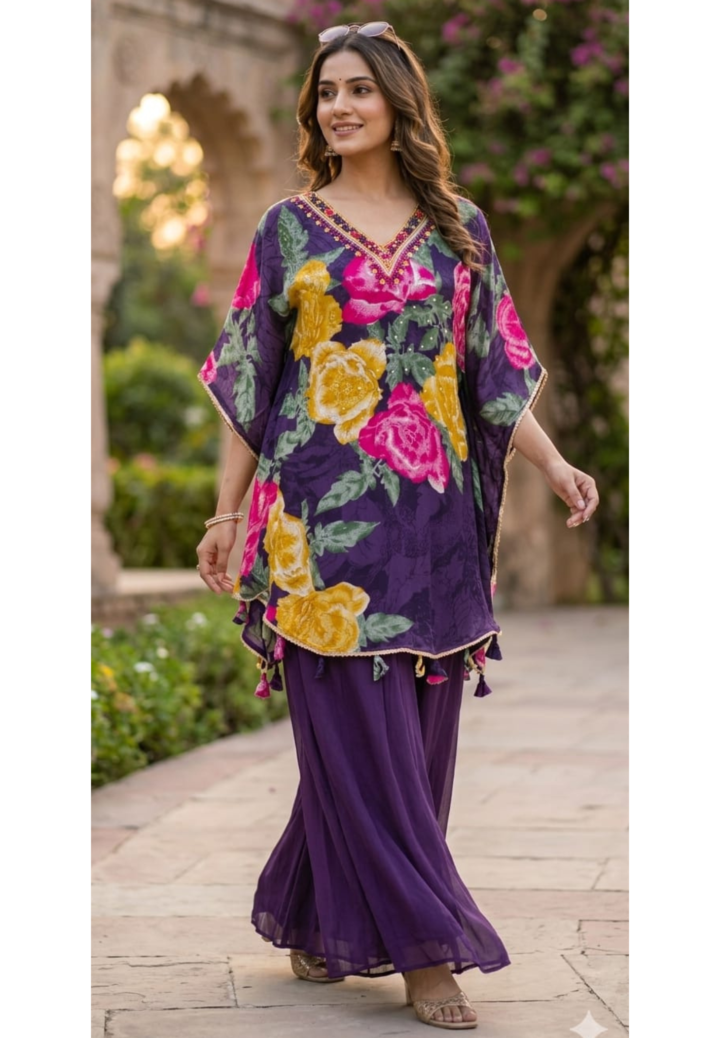 Royal Purple Rose Print Flowy Kaftan Paired with Matching Solid Palazzo Bottom- 14890