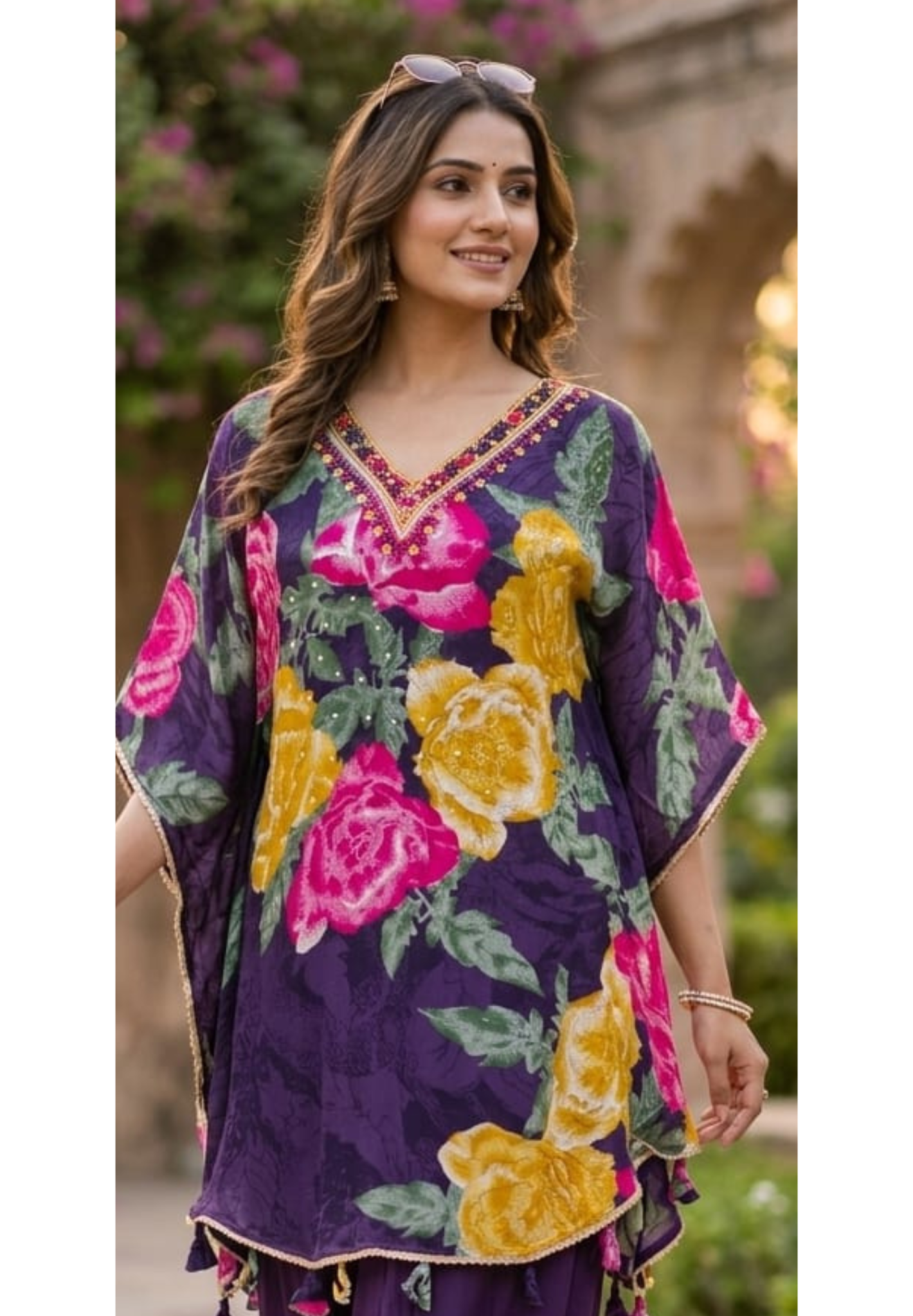 Royal Purple Rose Print Flowy Kaftan Paired with Matching Solid Palazzo Bottom- 14890