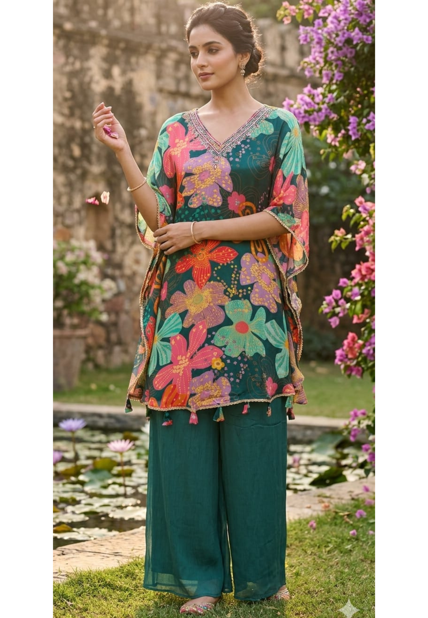 Emerald Botanical Floral Fusion Chinon Kaftan with Matching Palazzo Pant- 14889