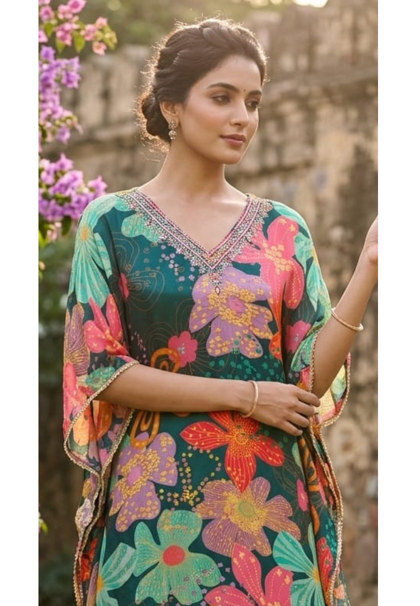 Emerald Botanical Floral Fusion Chinon Kaftan with Matching Palazzo Pant- 14889