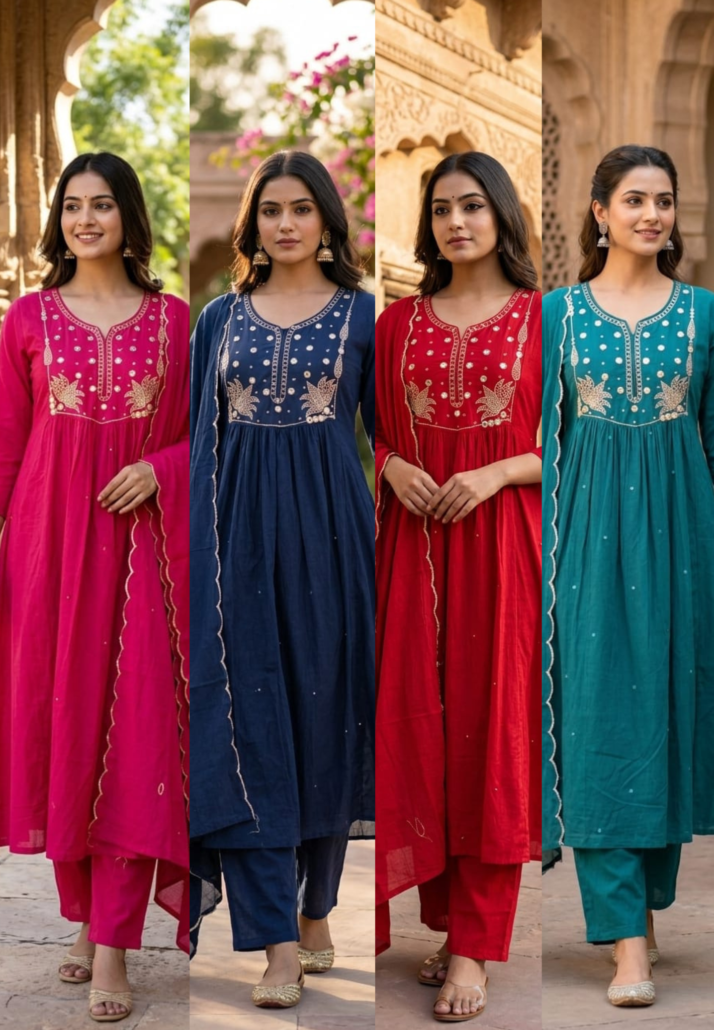 Sili Cotton A-Line Full Suit Set with Foil Mirror Embroidery Yoke & Scalloped Dupatta- 14895 (Dispatching From Monday)