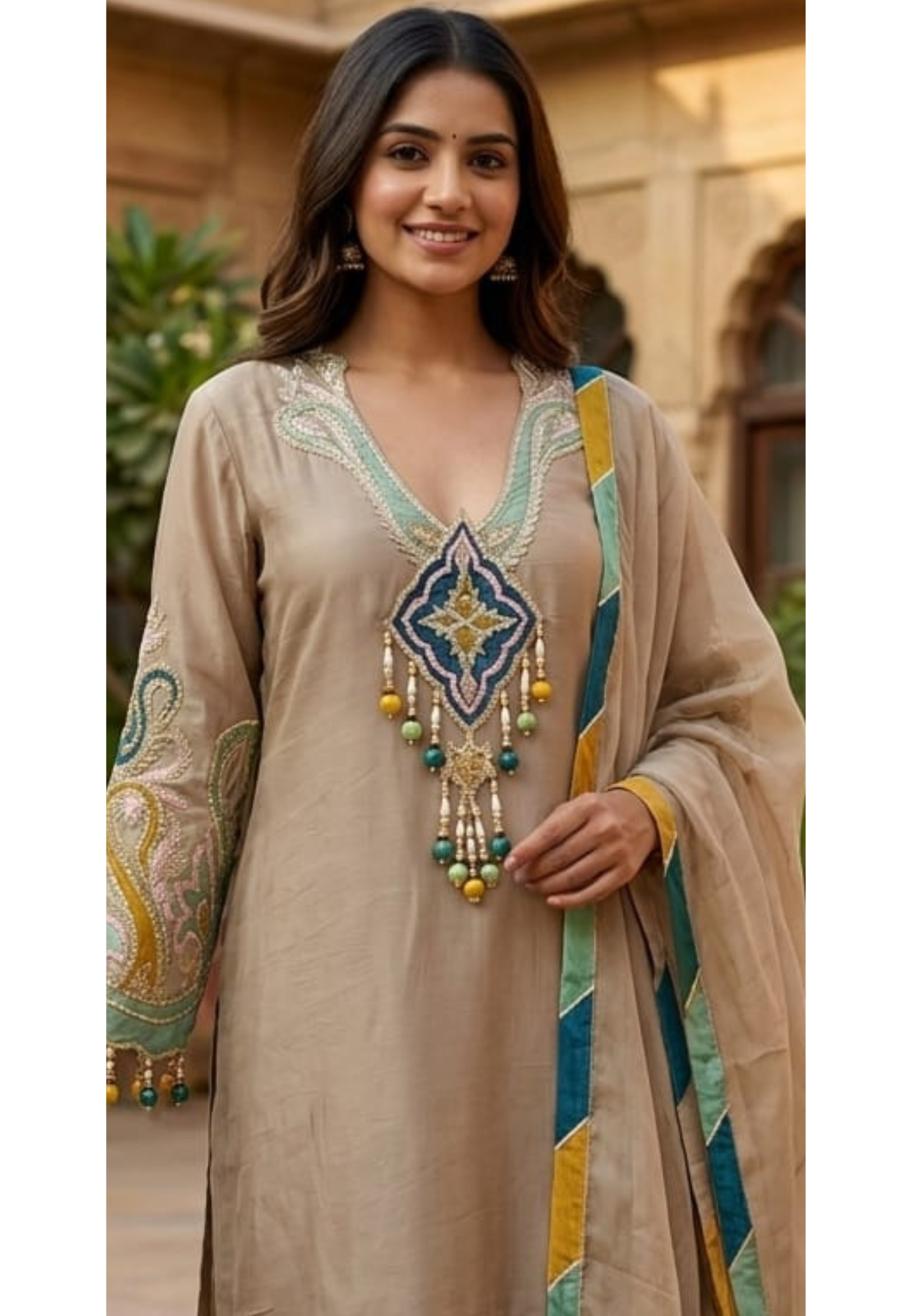 Emerald-Accented Pastel Patchwork Medallion Ivory Silk Farsi Salawr Suit Set With Hanging Beads- 14840