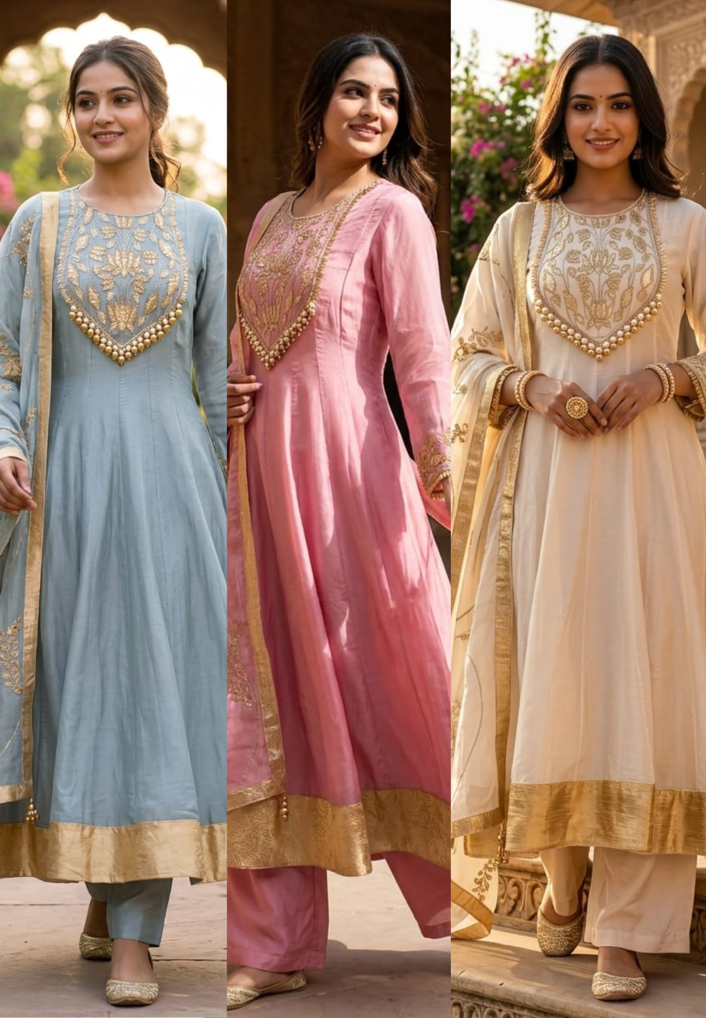 Premium Chanderi Silk Panel Anarkali Suit Set with Zardozi Lotus Embroidery & Pearl Detailing- 14842